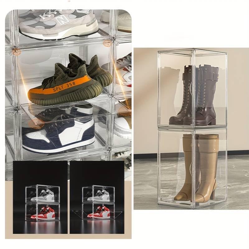 𝗛𝗬𝗚𝗥𝗔𝗗® Acrylic Shoe Storage Boxes – Stackable Shoe Cabinet For Closet, Space Saving Shoe Organizer With Magnetic Doors 2 Lids Open For Sneakers, Trainers, Pumps, Heels, Flats