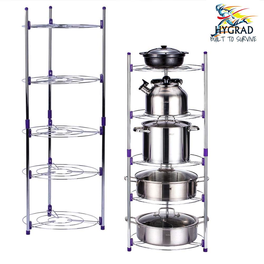 HYGRAD® 5 Tier Round Pan Pot Rack Kitchen Wire Shelving Unit Organiser Pans Pots Storage Shelf Cookware Organizer