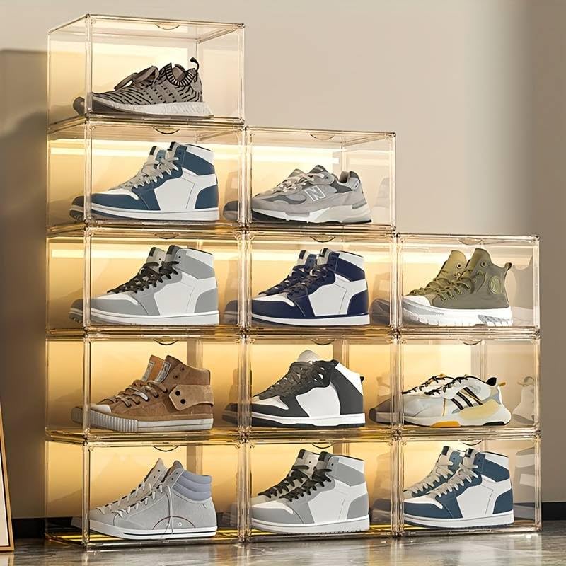 𝗛𝗬𝗚𝗥𝗔𝗗® Acrylic Shoe Storage Boxes – Stackable Shoe Cabinet For Closet, Space Saving Shoe Organizer With Magnetic Doors 2 Lids Open For Sneakers, Trainers, Pumps, Heels, Flats