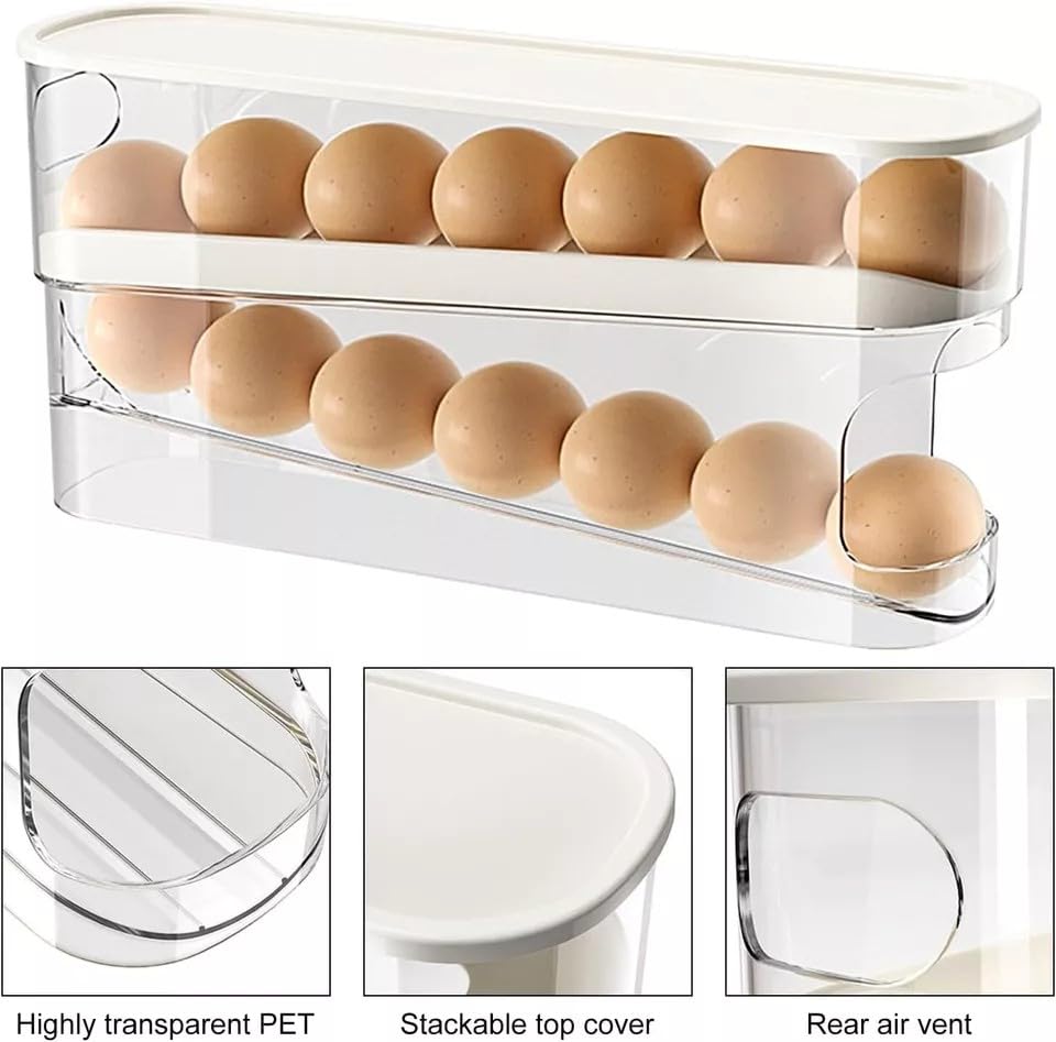 Auto Rolling 2 Tier Eggs Holder Fridge Organisers 30.3 X 8.5 X 14.2 Cm Egg Dispenser Kitchen Roll Down Stackable With Lid Trays Egg Storage Box For Fridge & Kitchen Countertop