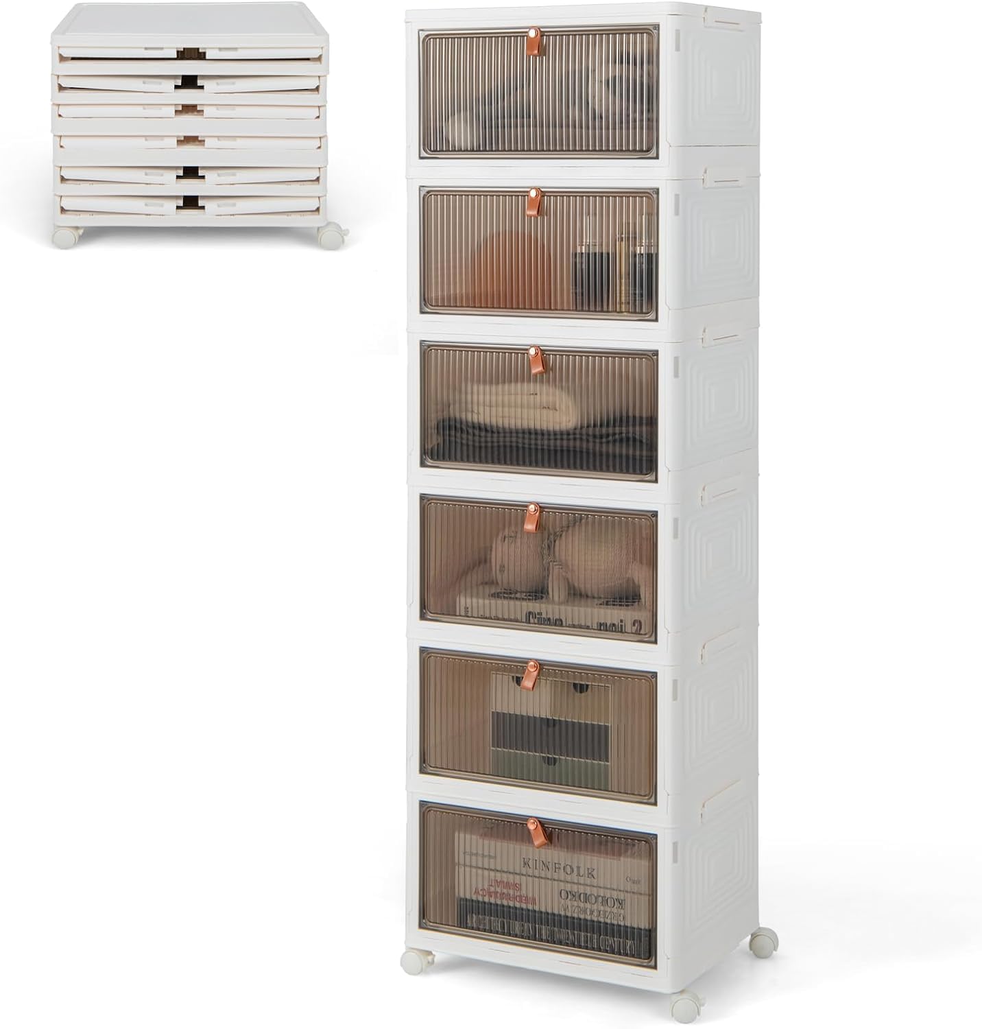 Foldable White Plastic Shoe Box 2/3/4/5/6 Tier Stackable Storage Cabinet - Rolling Wardrobe Storage Organizer Containers With Lid & Lockable Wheels