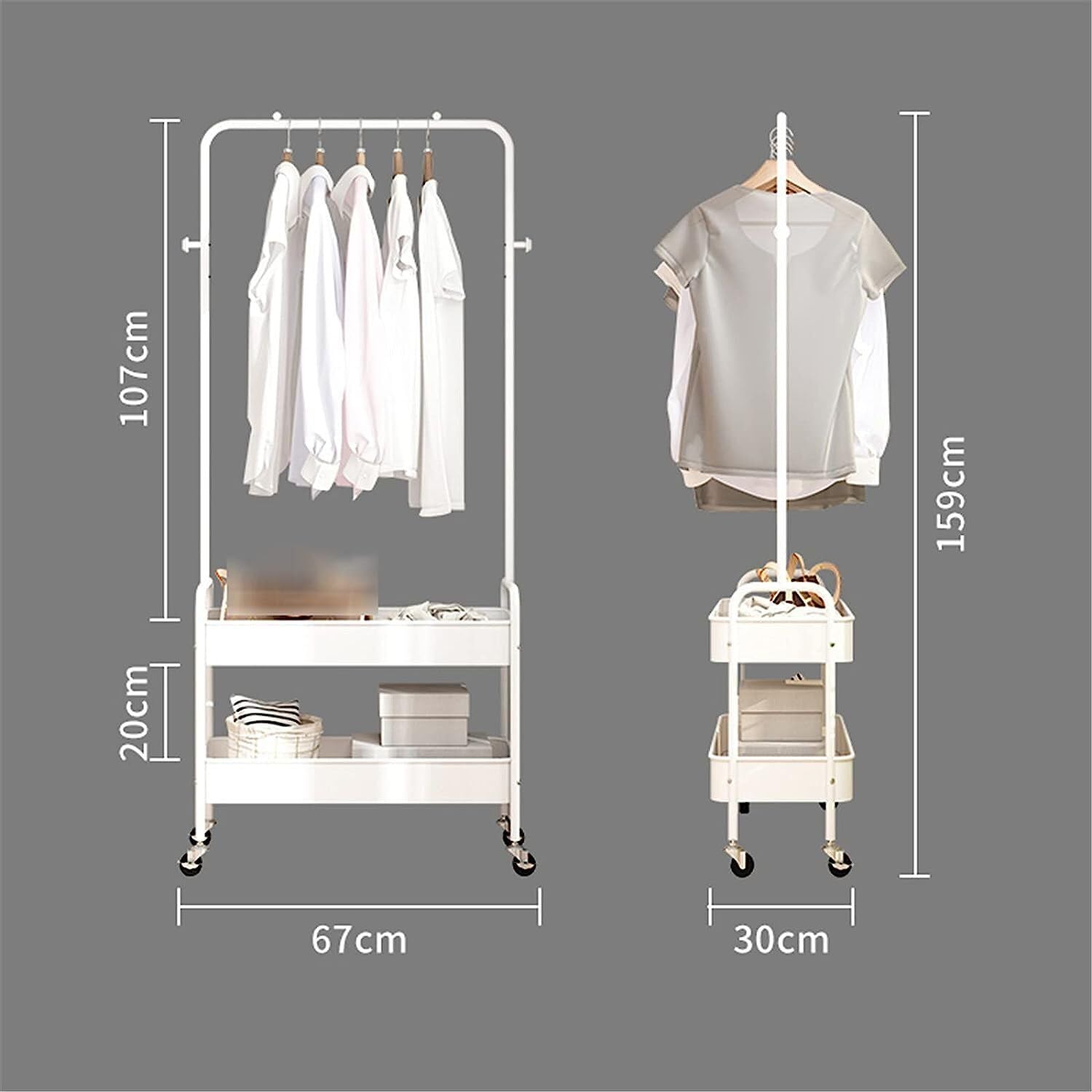 HYGRAD Metal Clothes Rack On Wheels Portable Clothes Rail For Hanging Clothes With Shoe Storage Shelfs Portable Clothes Rack Caddy For Bedroom Wardrobe In White Or Black