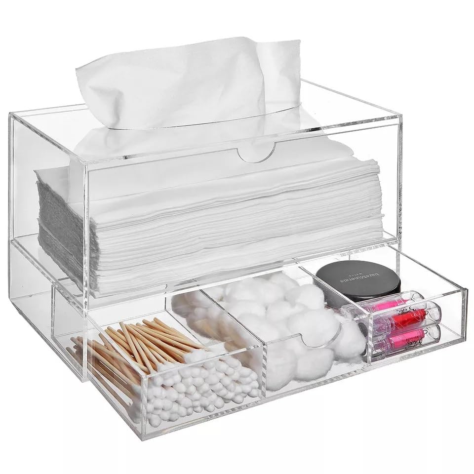 Acrylic Tissue Box with Pull-Out Drawer- 23.6 x 12.6 x 16cm Bathroom Storage for Tissues, Napkins, or Cosmetics. Elegant and Practical Stylish Design for Vanity Desk, Home or Office Use