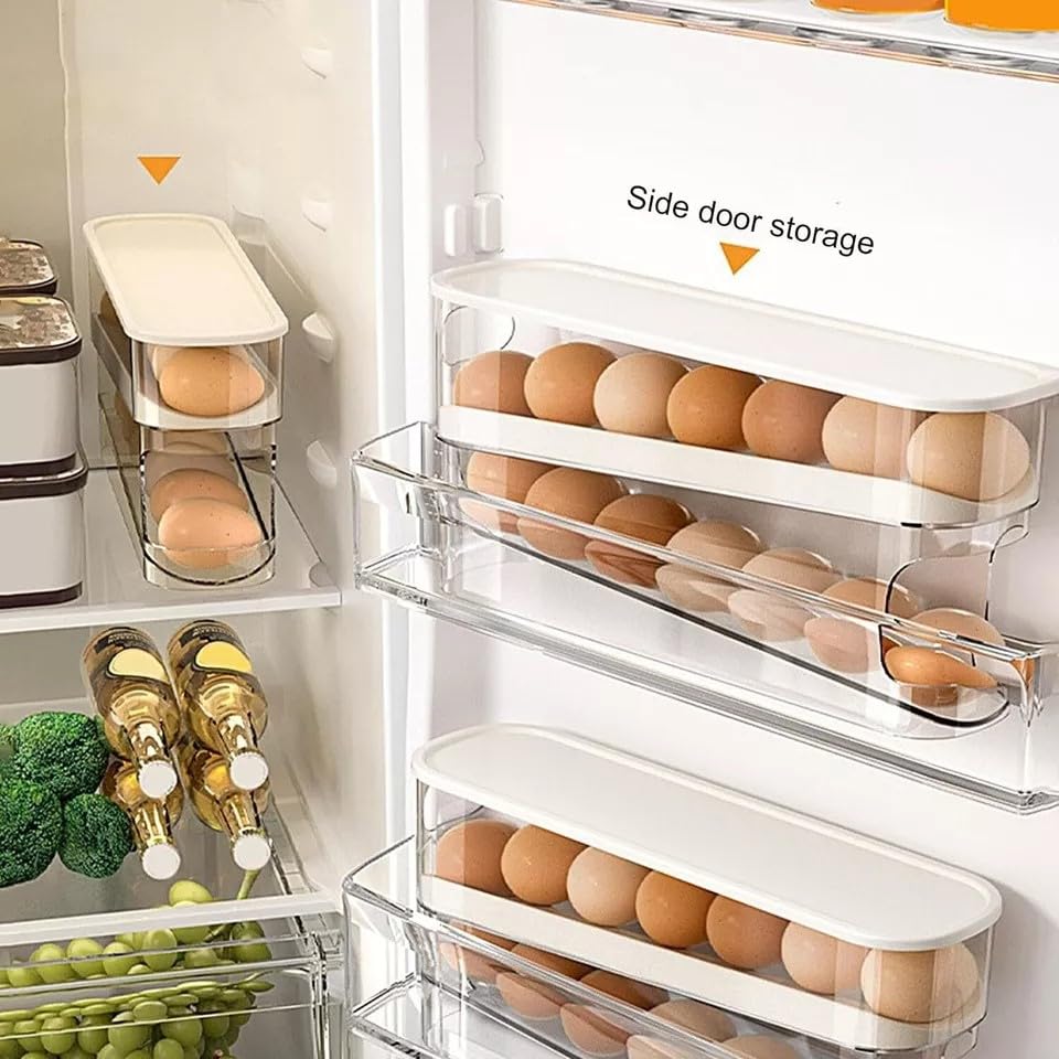 Auto Rolling 2 Tier Eggs Holder Fridge Organisers 30.3 X 8.5 X 14.2 Cm Egg Dispenser Kitchen Roll Down Stackable With Lid Trays Egg Storage Box For Fridge & Kitchen Countertop