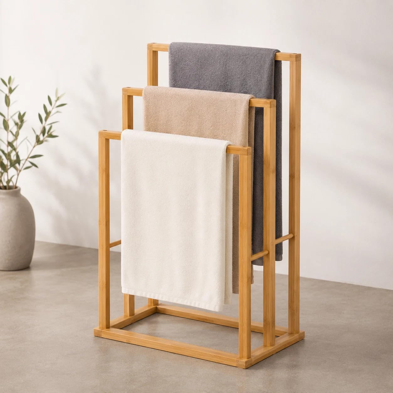 Bamboo Towel Rail Stand, Freestanding Wooden Bathroom Towel Holder, 3-Tier Drying Rack, Space Saving Storage Towel Rack For Bath and Hand Towels
