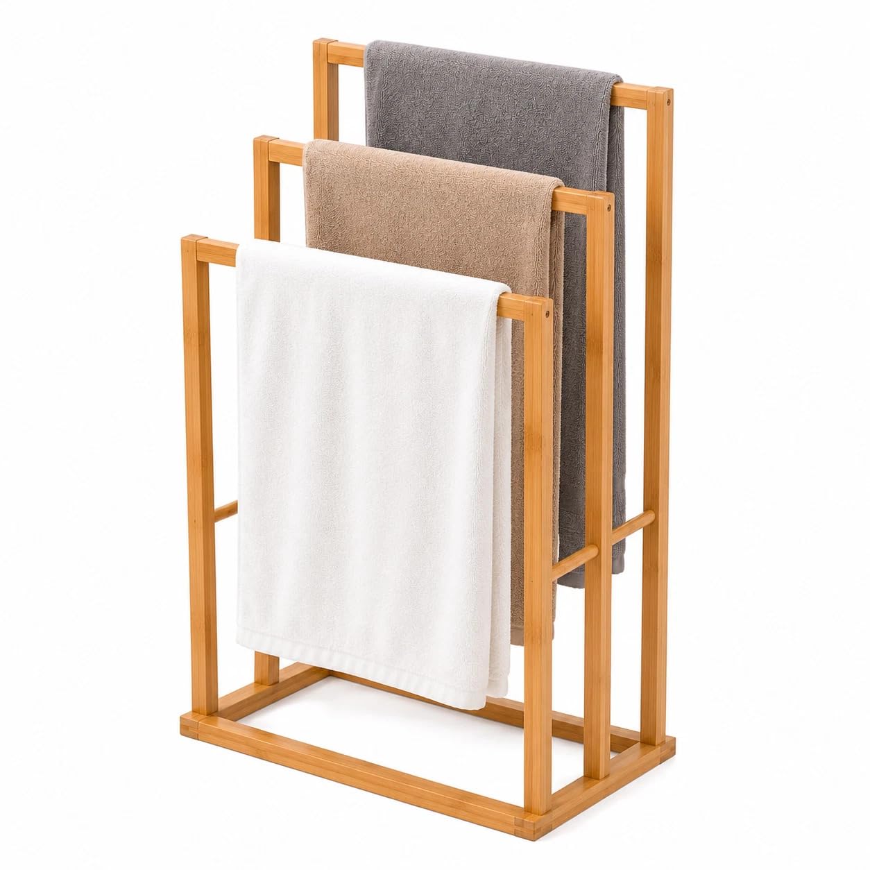 Bamboo Towel Rail Stand, Freestanding Wooden Bathroom Towel Holder, 3-Tier Drying Rack, Space Saving Storage Towel Rack For Bath and Hand Towels