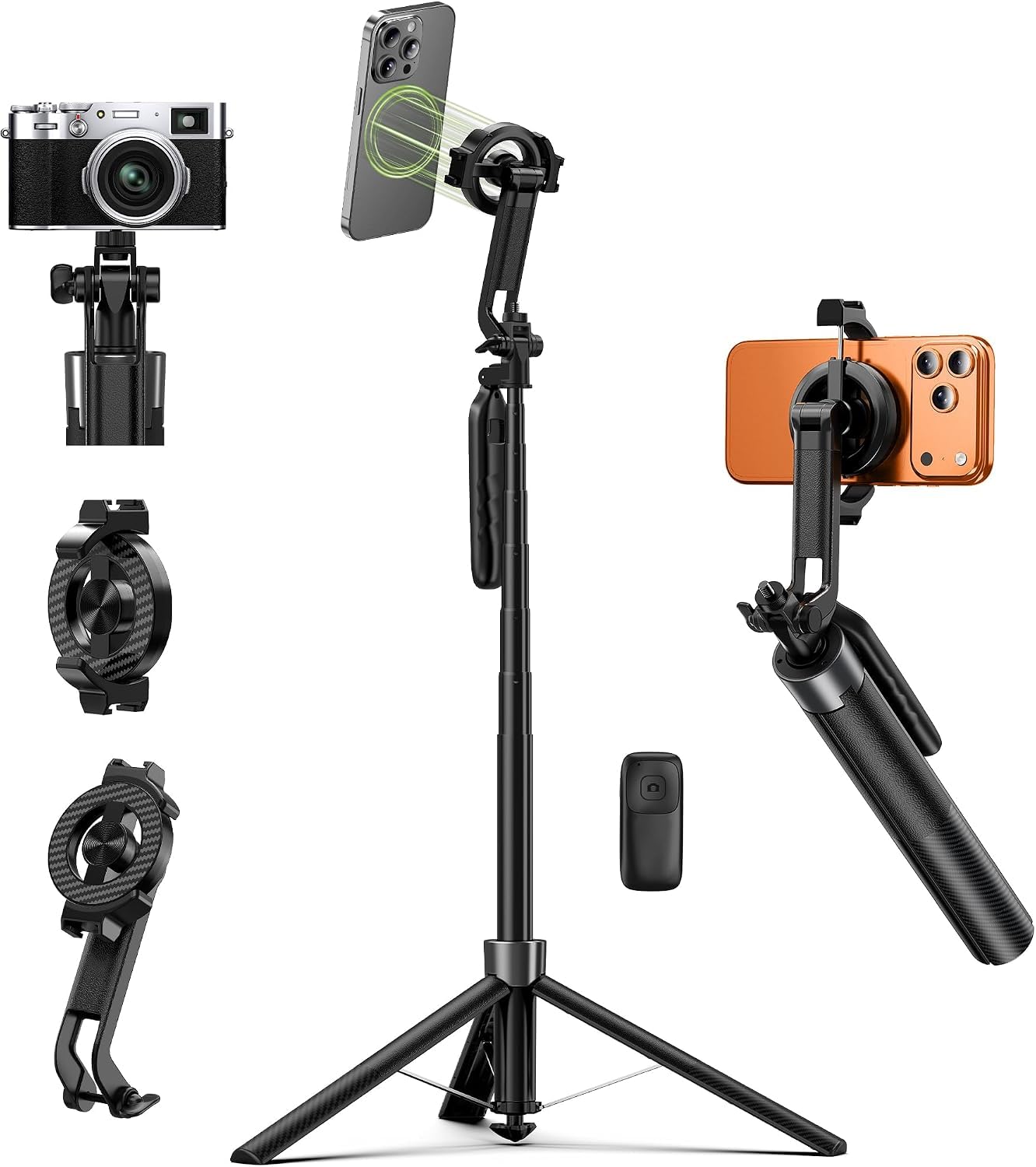 Magnetic Selfie Stick Tripod - Phone Mount & 360°Rotatable Phone Stand Compatible with All Smartphone for Selfies Live Video Recording