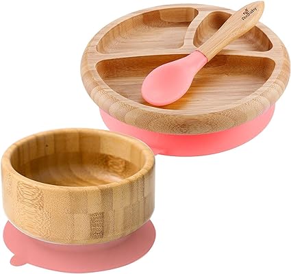 HYGRAD Baby Weaning Feeding Set 3Pc Bamboo Suction Bowl, Plate & Spoon Set Non Toxic Eco-Friendly