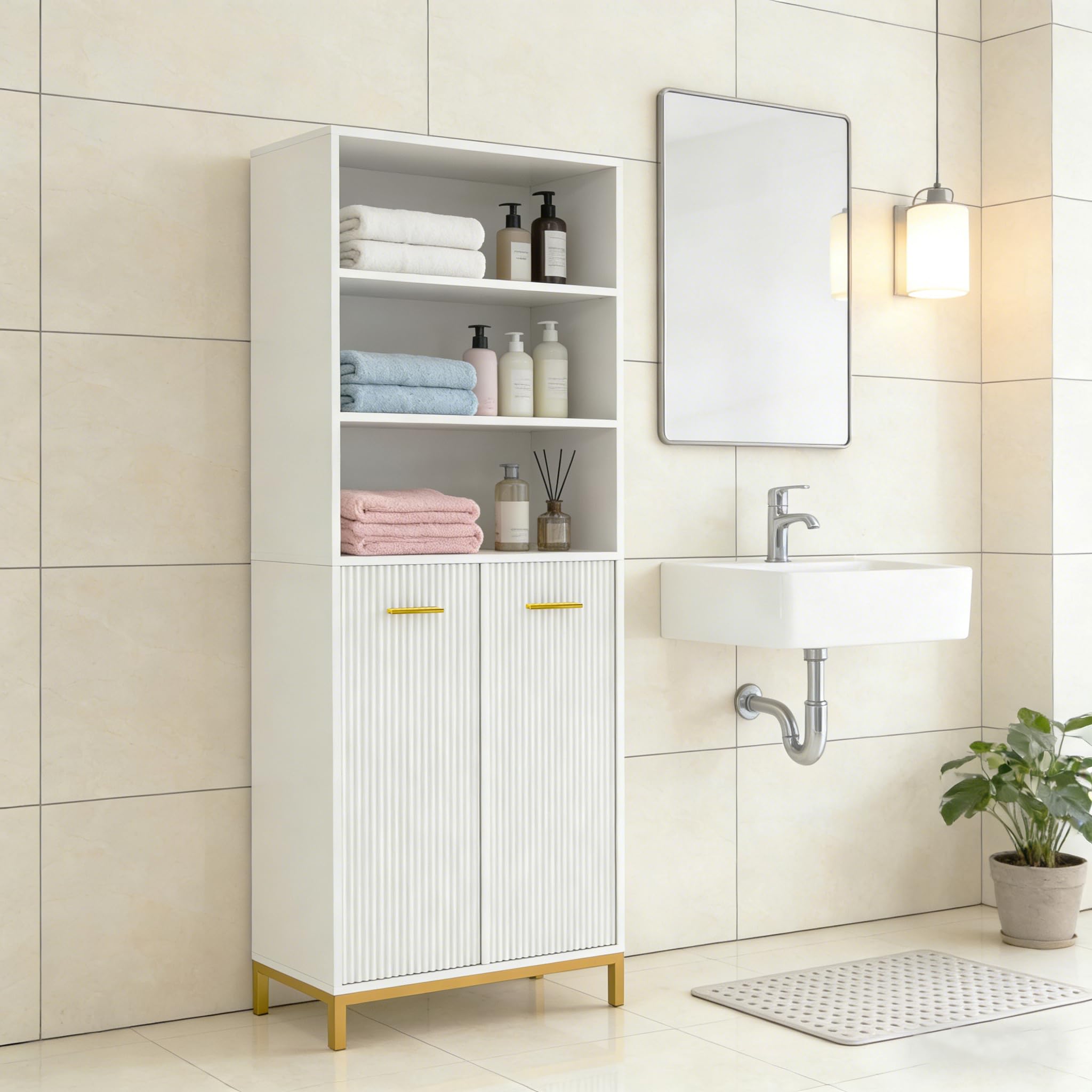 HYGRAD BUILT TO SURVIVE Tall Bathroom Storage Cabinet Cupboard with 2 Laundry Basket – Slim Free Standing Bathroom Unit with Doors & Open Shelves, White 65 * 32 * 170cm