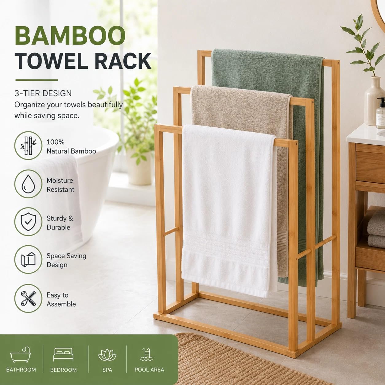 Bamboo Towel Rail Stand, Freestanding Wooden Bathroom Towel Holder, 3-Tier Drying Rack, Space Saving Storage Towel Rack For Bath and Hand Towels