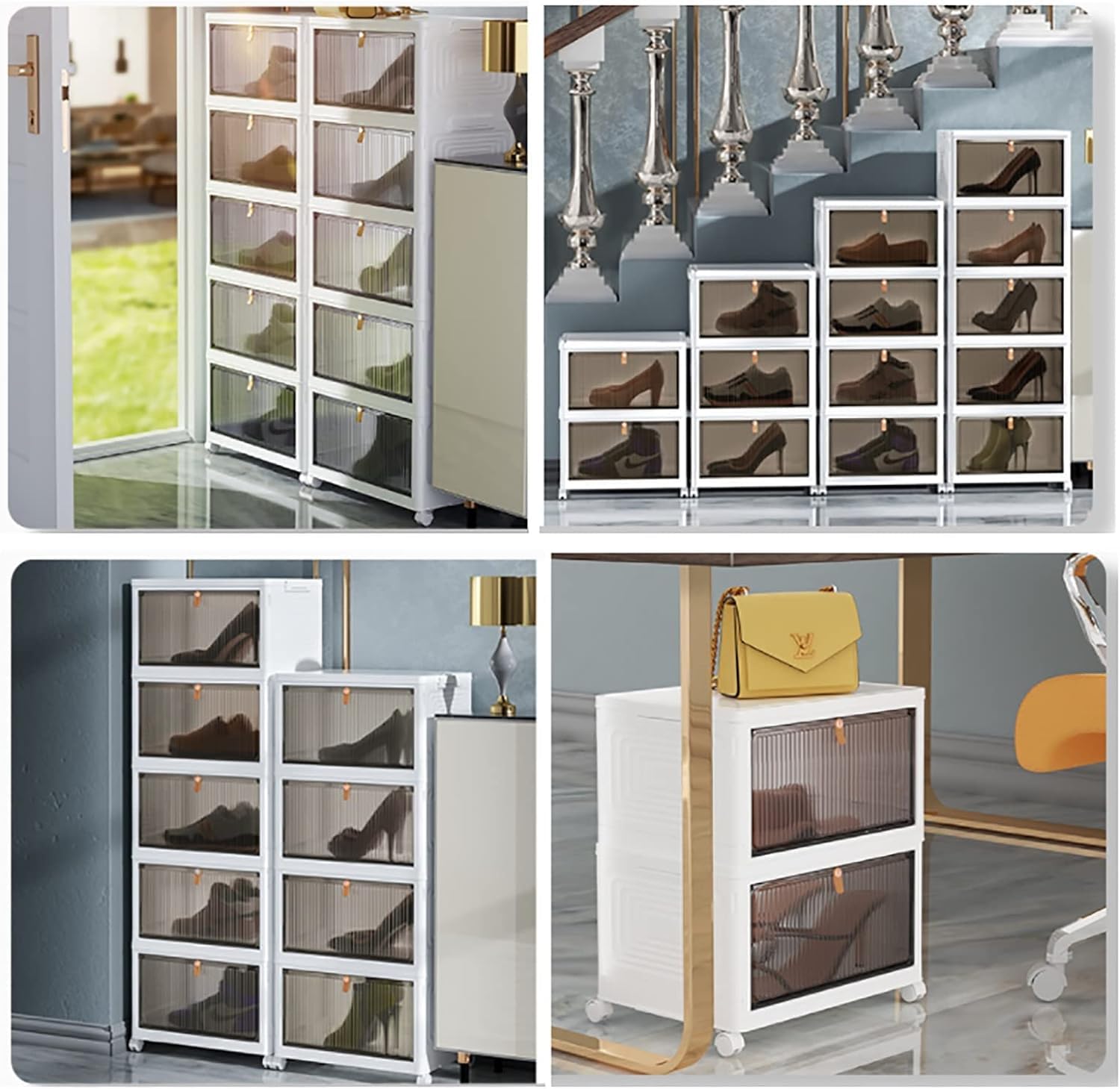 Foldable White Plastic Shoe Box 2/3/4/5/6 Tier Stackable Storage Cabinet - Rolling Wardrobe Storage Organizer Containers With Lid & Lockable Wheels