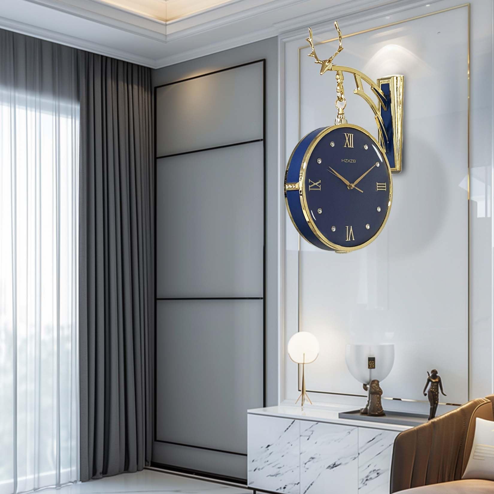 HYGRAD BUILT TO SURVIVE 𝗛𝗬𝗚𝗥𝗔𝗗- Elegant Deer Head Double-Sided Wall Clock- Timekeeping Elegance and Room Decor in One- A Fusion of Functionality and Stunning Wall Art (Blue)