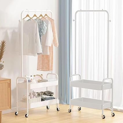 HYGRAD Metal Clothes Rack On Wheels Portable Clothes Rail For Hanging Clothes With Shoe Storage Shelfs Portable Clothes Rack Caddy For Bedroom Wardrobe In White Or Black