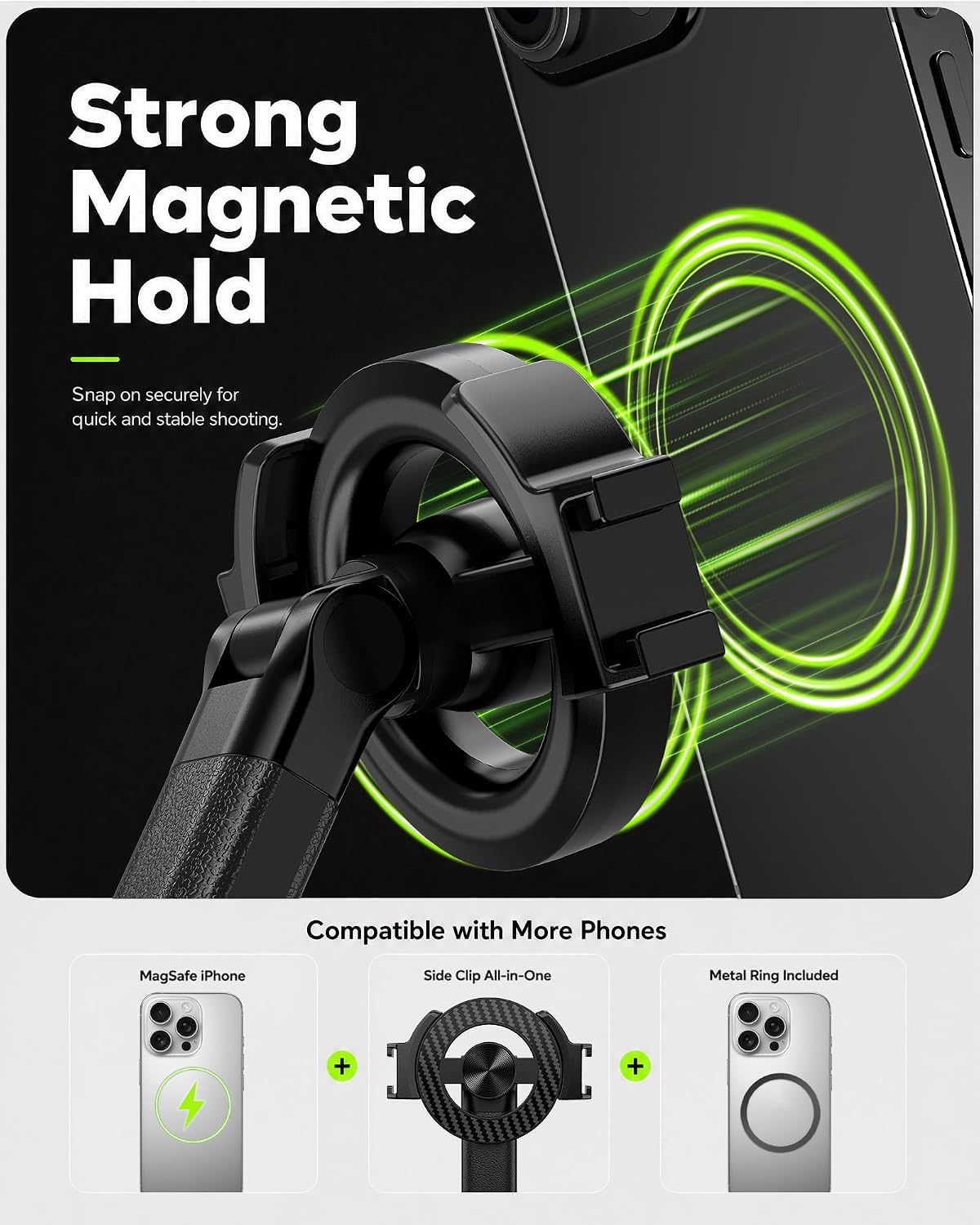 Magnetic Selfie Stick Tripod - Phone Mount & 360°Rotatable Phone Stand Compatible with All Smartphone for Selfies Live Video Recording