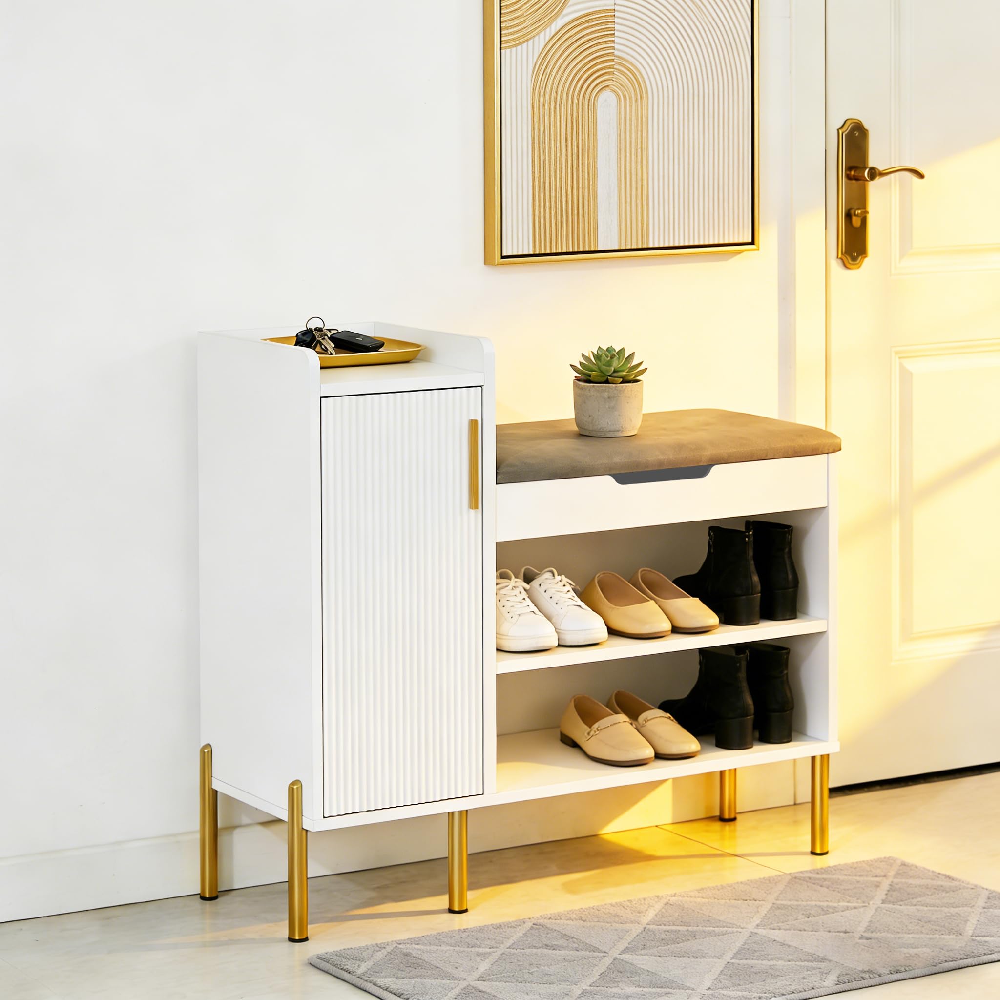 HYGRAD BUILT TO SURVIVE Shoe Storage Bench, Shoe Cabinet Rack Stool with Seat Cushion, 2 Shelves and Door, Solid Metal Legs Hallway Bench Shoe Stand Organizer Unit for Entryway Bedroom