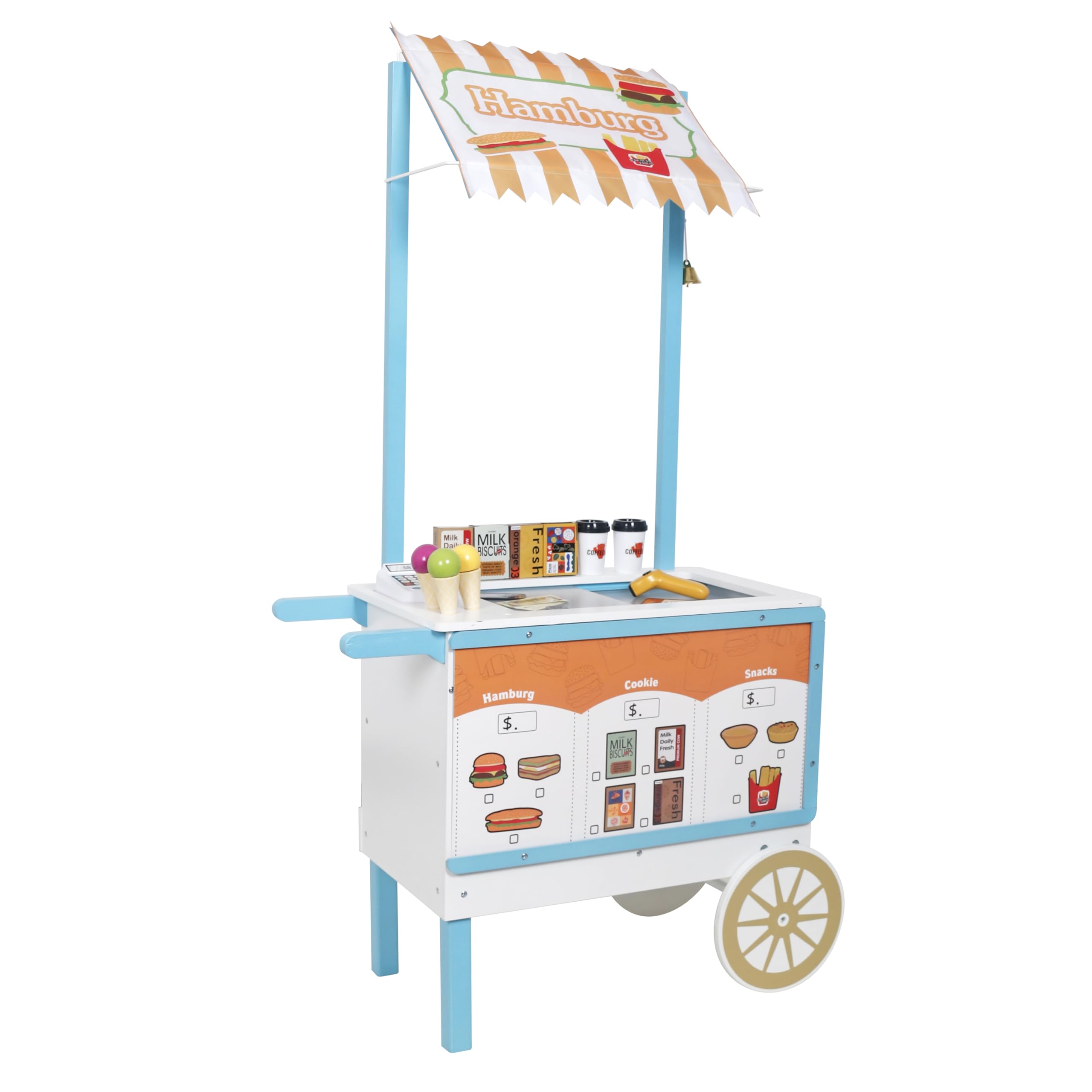 HYGRAD Kids Wooden Food Cart Ice Cream Shop Toy Childrens 3+ Burger Cart Pretend Play Toy With Accessories Large Gift Play Set Gift For Kids