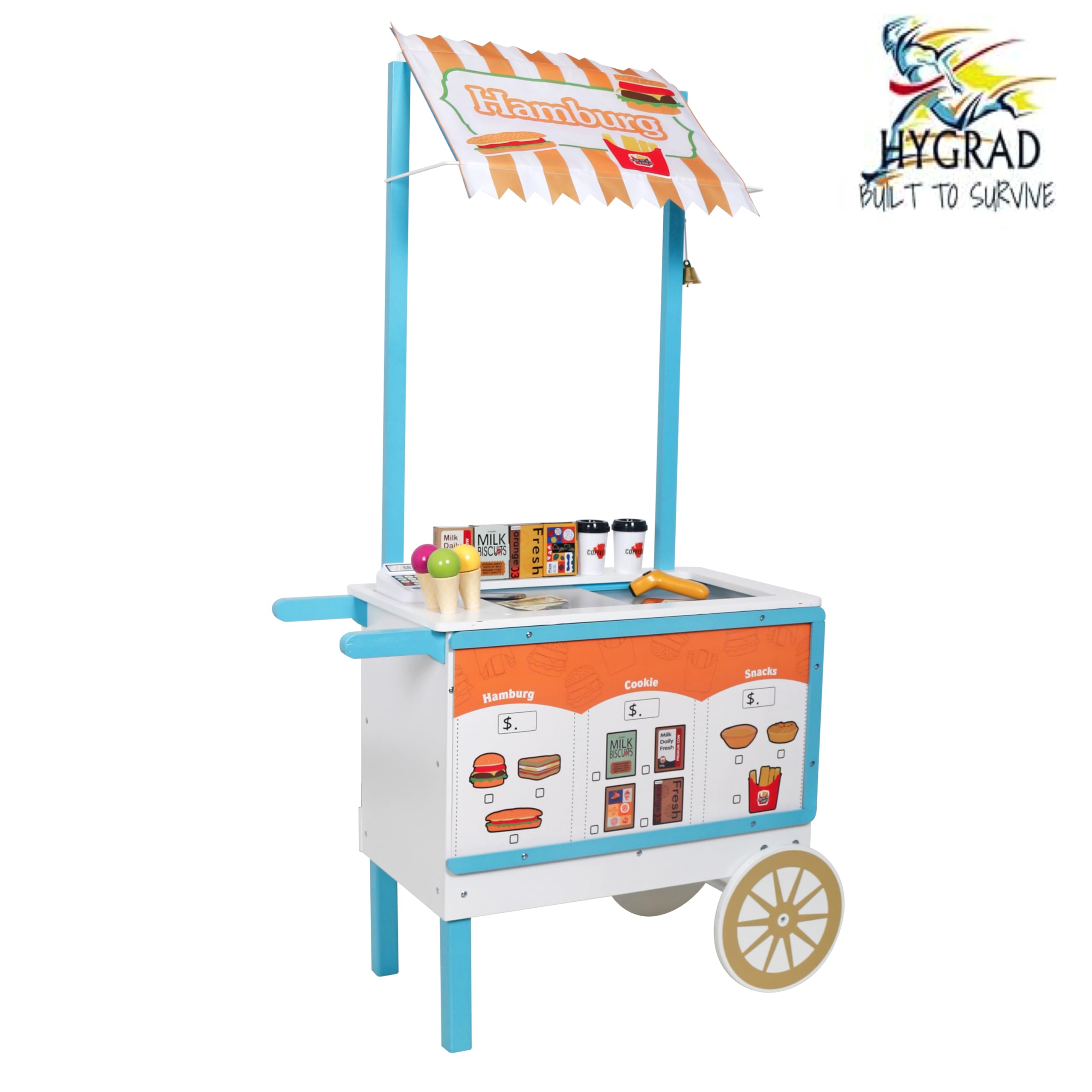 HYGRAD Kids Wooden Food Cart Ice Cream Shop Toy Childrens 3+ Burger Cart Pretend Play Toy With Accessories Large Gift Play Set Gift For Kids