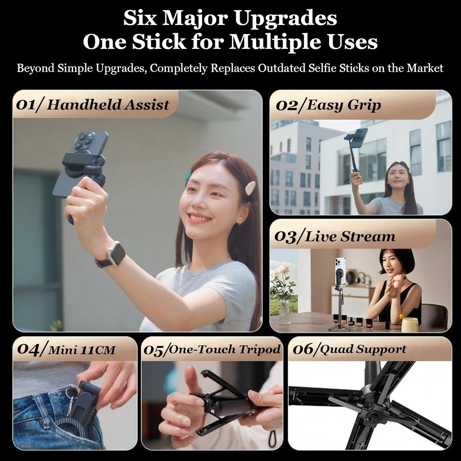 Magnetic Selfie Stick, 4 in 1 Tripod Phone Stand with Wireless Remote for iPhone & Android, Phone Tripod for Home, Travel, Vlogging & Video Recording