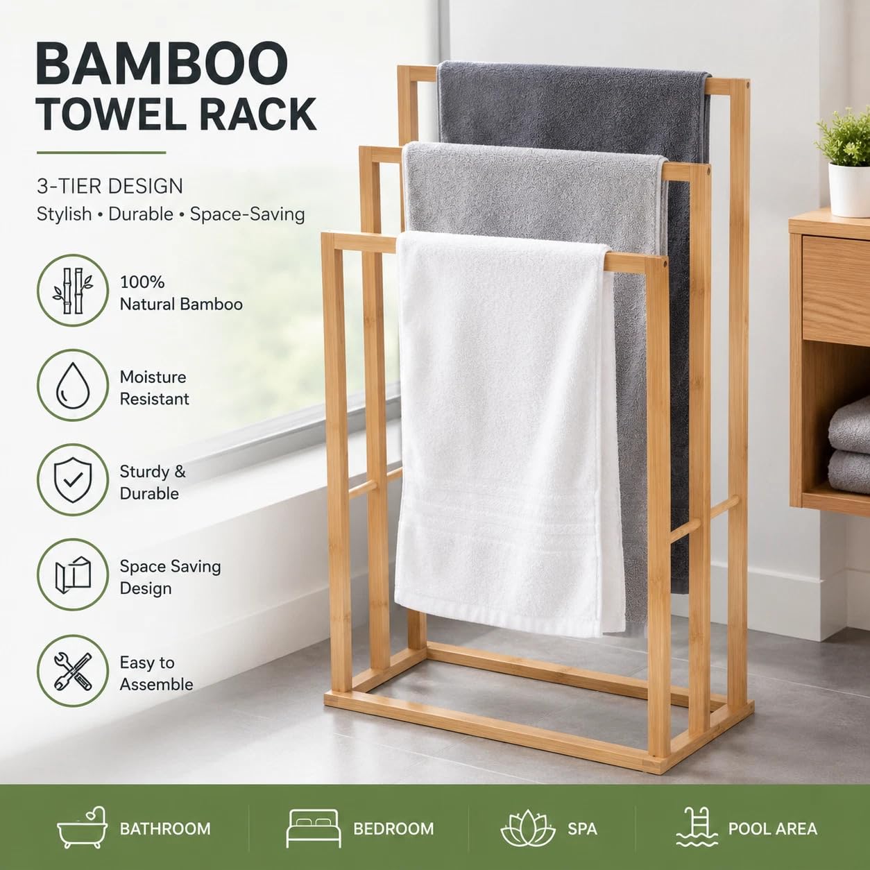 Bamboo Towel Rail Stand, Freestanding Wooden Bathroom Towel Holder, 3-Tier Drying Rack, Space Saving Storage Towel Rack For Bath and Hand Towels