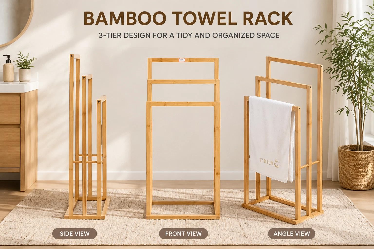 Bamboo Towel Rail Stand, Freestanding Wooden Bathroom Towel Holder, 3-Tier Drying Rack, Space Saving Storage Towel Rack For Bath and Hand Towels