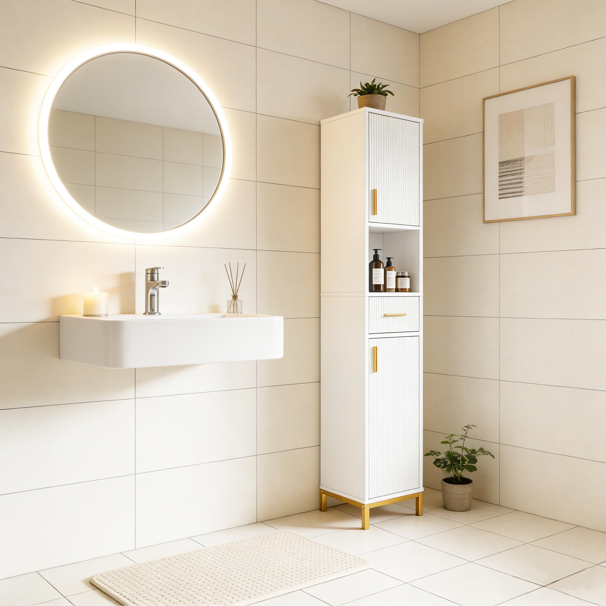 Slim Bathroom Tall Cabinet, Narrow Bathroom Storage Tower Cupboard Unit with Door and Drawers, Tall Bathroom Storage Cupboard Water-Resistant MDF, White 30 * 30 * 170cm