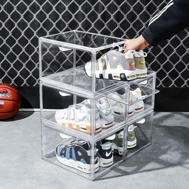 𝗛𝗬𝗚𝗥𝗔𝗗® Acrylic Shoe Storage Boxes – Stackable Shoe Cabinet For Closet, Space Saving Shoe Organizer With Magnetic Doors 2 Lids Open For Sneakers, Trainers, Pumps, Heels, Flats