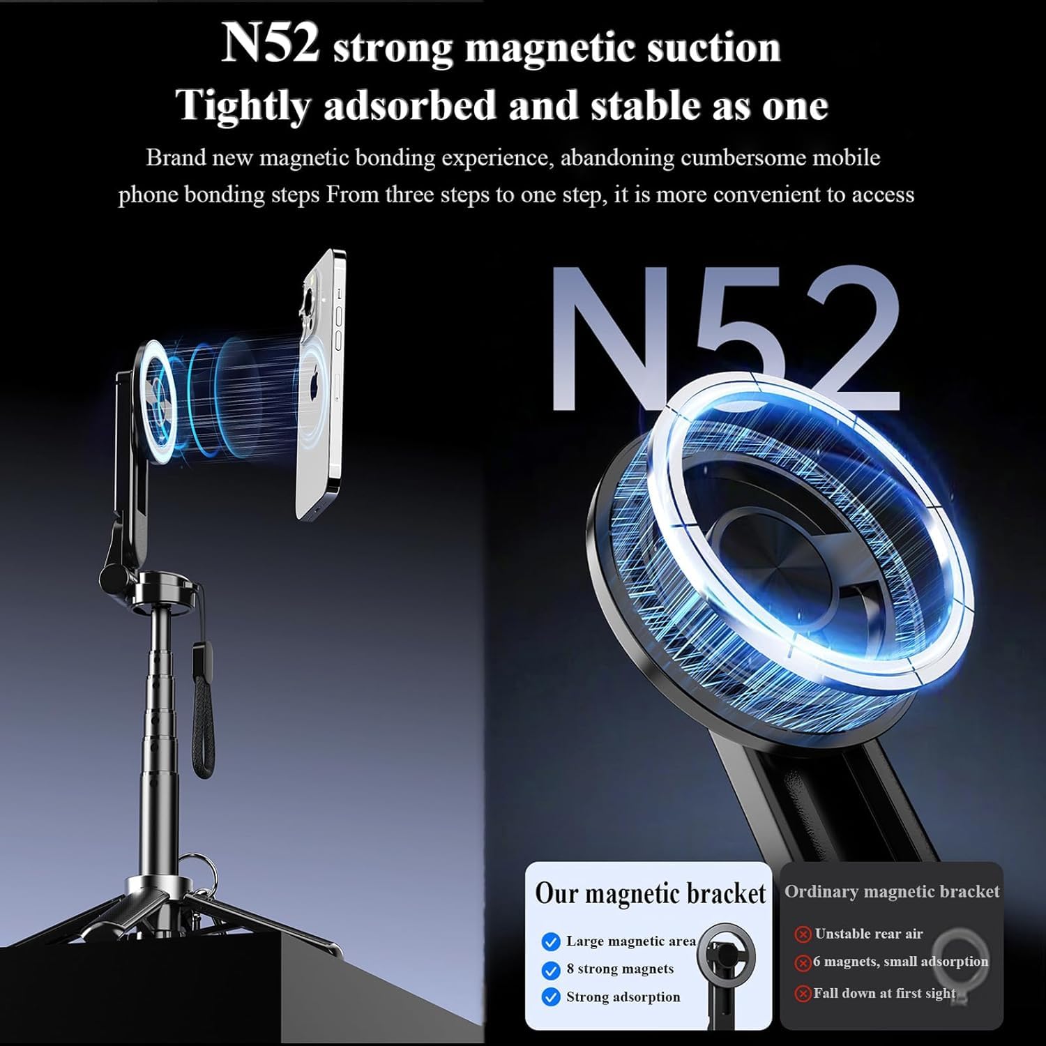 Magnetic Selfie Stick, 4 in 1 Tripod Phone Stand with Wireless Remote for iPhone & Android, Phone Tripod for Home, Travel, Vlogging & Video Recording