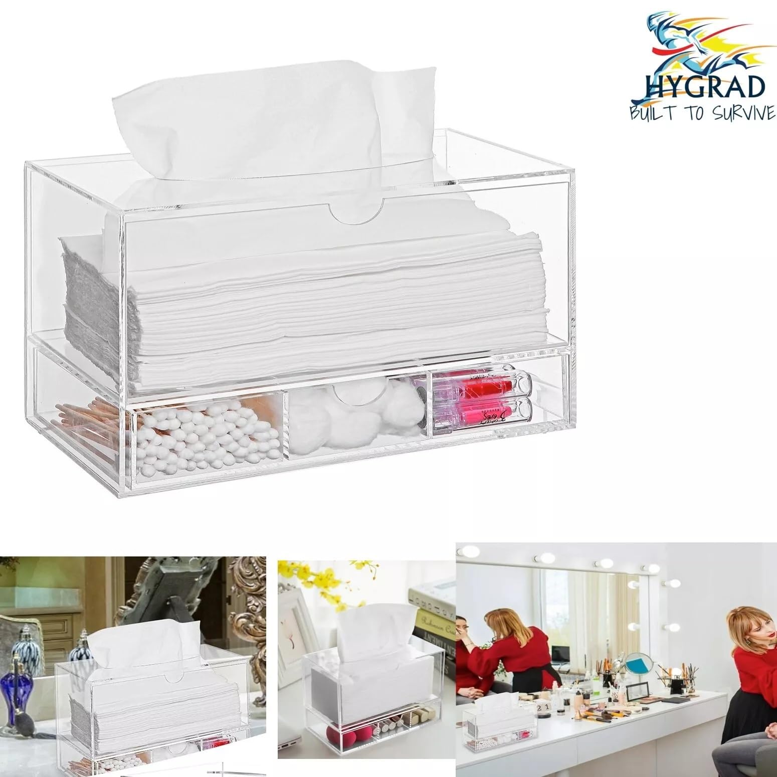 Acrylic Tissue Box with Pull-Out Drawer- 23.6 x 12.6 x 16cm Bathroom Storage for Tissues, Napkins, or Cosmetics. Elegant and Practical Stylish Design for Vanity Desk, Home or Office Use
