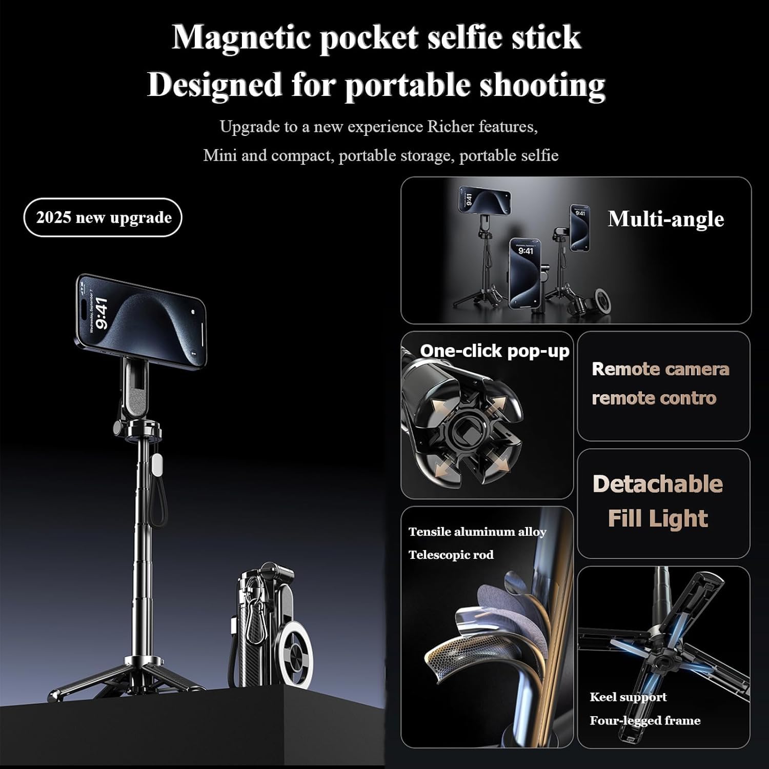 Magnetic Selfie Stick, 4 in 1 Tripod Phone Stand with Wireless Remote for iPhone & Android, Phone Tripod for Home, Travel, Vlogging & Video Recording