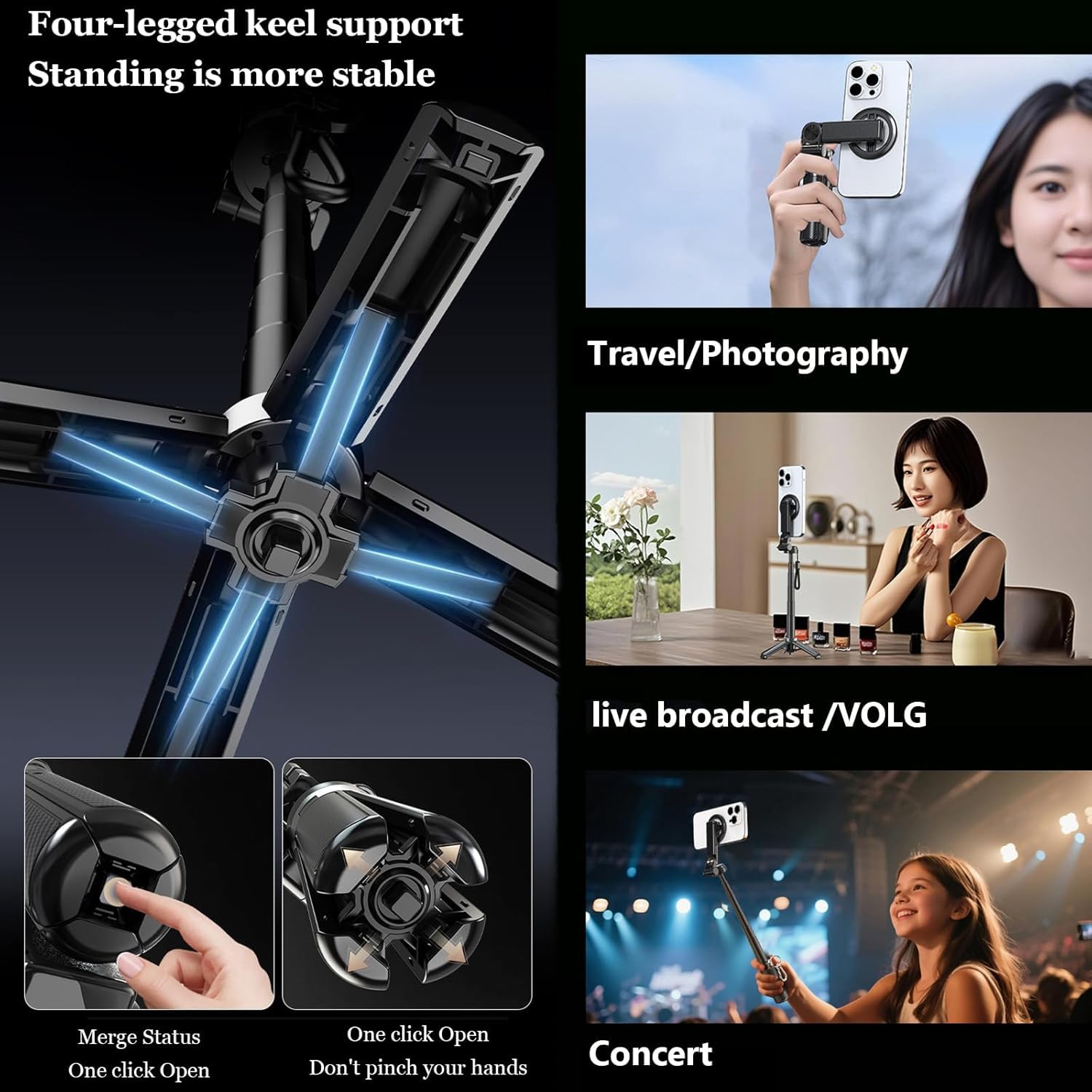 Magnetic Selfie Stick, 4 in 1 Tripod Phone Stand with Wireless Remote for iPhone & Android, Phone Tripod for Home, Travel, Vlogging & Video Recording