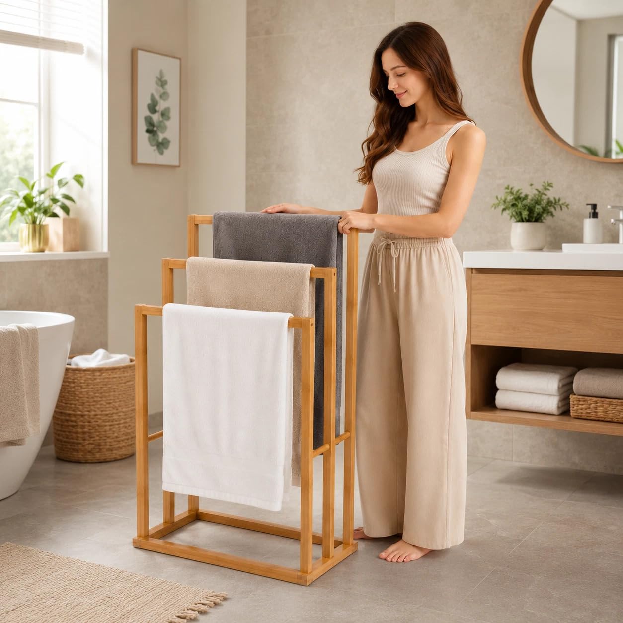 Bamboo Towel Rail Stand, Freestanding Wooden Bathroom Towel Holder, 3-Tier Drying Rack, Space Saving Storage Towel Rack For Bath and Hand Towels