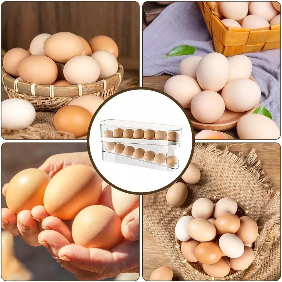 Auto Rolling 2 Tier Eggs Holder Fridge Organisers 30.3 X 8.5 X 14.2 Cm Egg Dispenser Kitchen Roll Down Stackable With Lid Trays Egg Storage Box For Fridge & Kitchen Countertop
