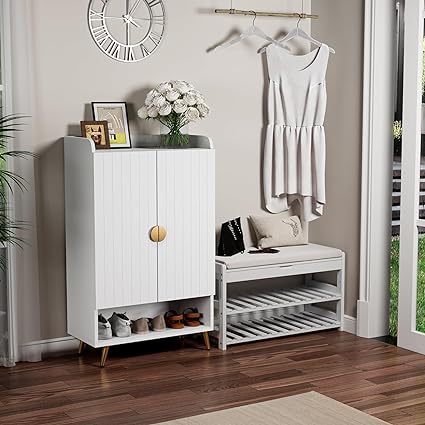 HYGRAD Wooden Hallway Shoe Storage Cabinet Modern Hallway Large Display Storage Cabinet 2 Cabinet Doors (Medium Grey Cabinet)