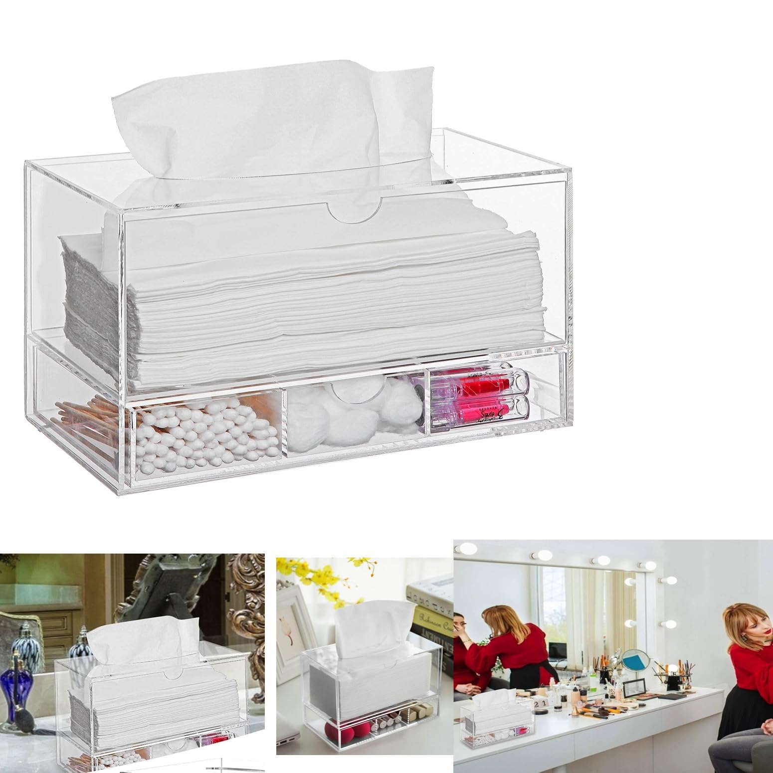Acrylic Tissue Box with Pull-Out Drawer- 23.6 x 12.6 x 16cm Bathroom Storage for Tissues, Napkins, or Cosmetics. Elegant and Practical Stylish Design for Vanity Desk, Home or Office Use