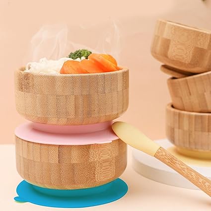 HYGRAD Baby Weaning Feeding Set 3Pc Bamboo Suction Bowl, Plate & Spoon Set Non Toxic Eco-Friendly