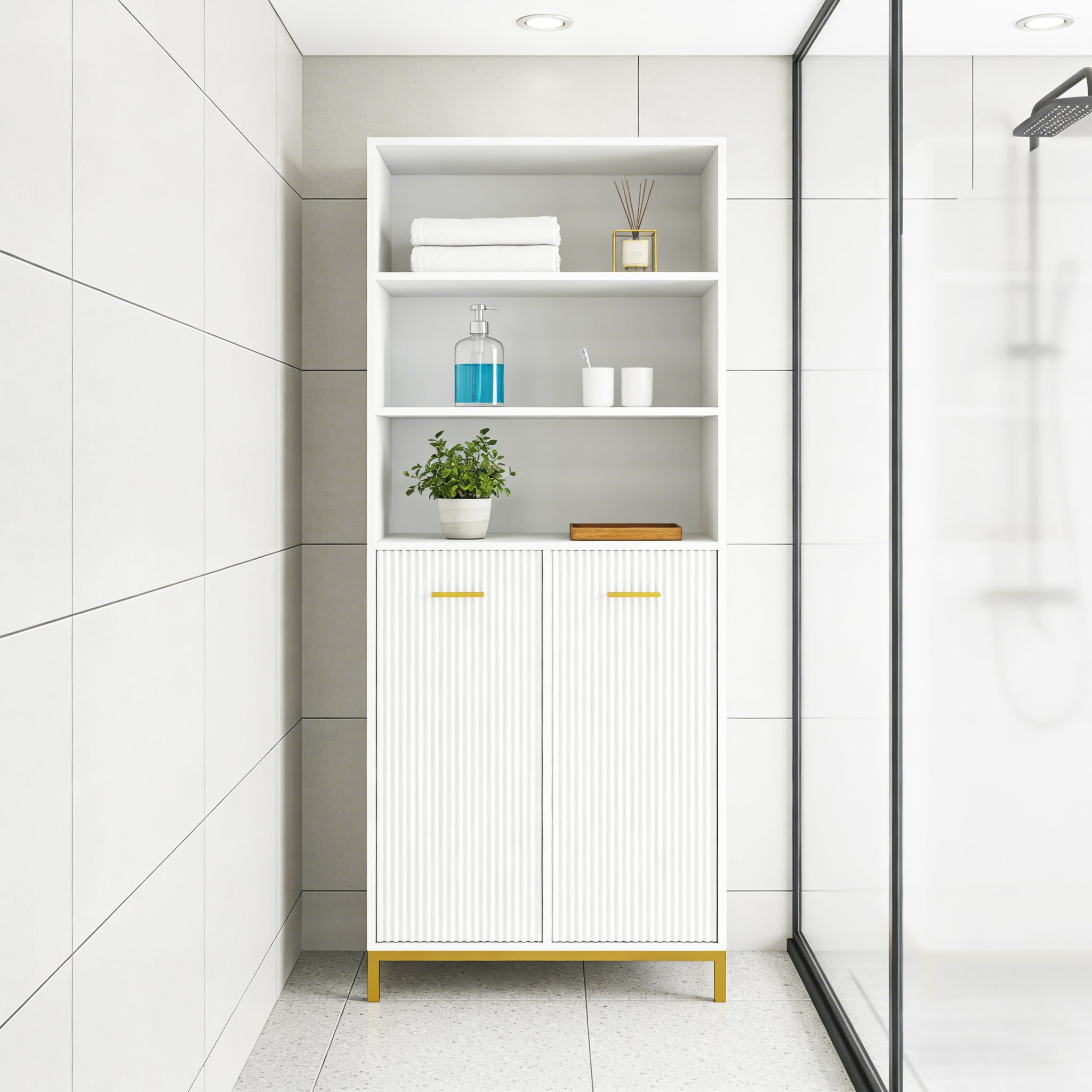 HYGRAD BUILT TO SURVIVE Tall Bathroom Storage Cabinet Cupboard with 2 Laundry Basket – Slim Free Standing Bathroom Unit with Doors & Open Shelves, White 65 * 32 * 170cm