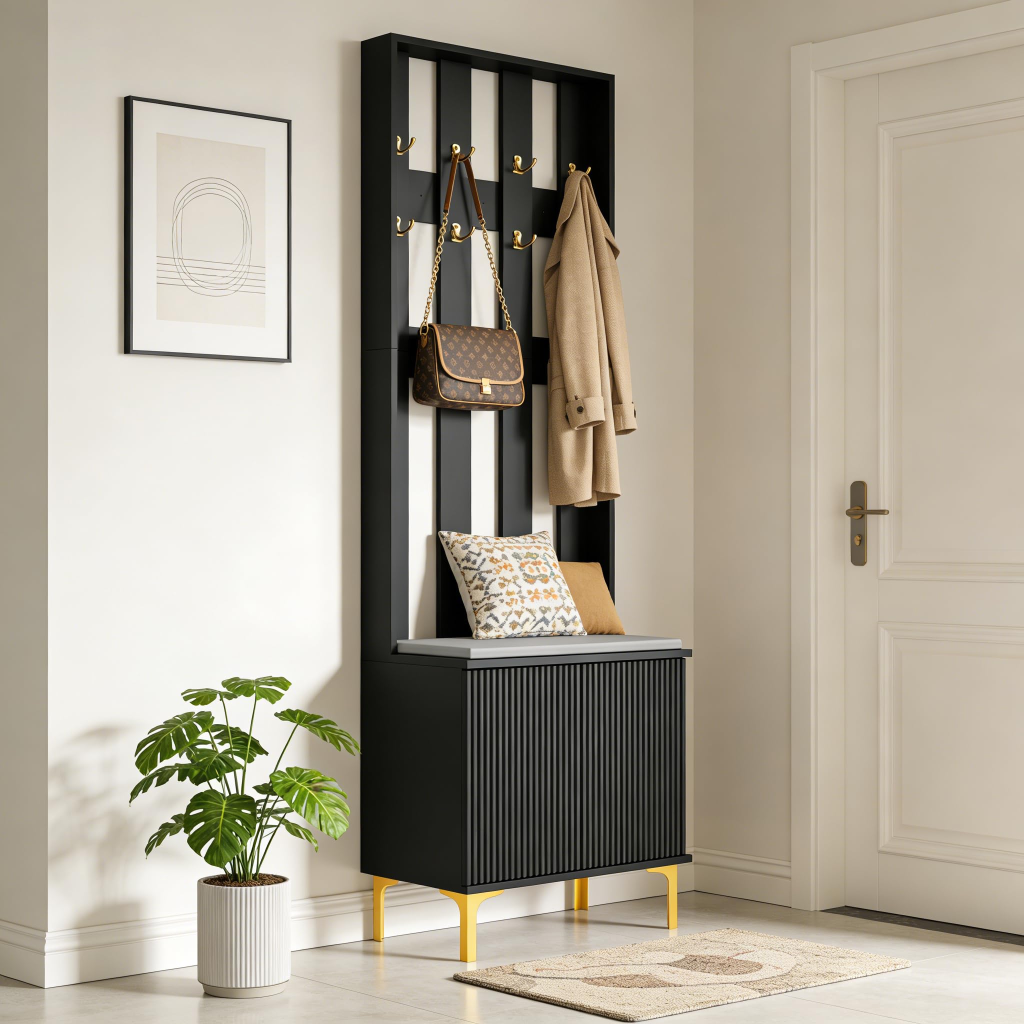 HYGRAD BUILT TO SURVIVE Coat Stand with Shoe Storage - Hallway Unit with 8 Hooks & Storage Bench - Hall Tree Organiser for Entryway with Bench and Cushion Seat - Freestanding Coat Rack (Black)