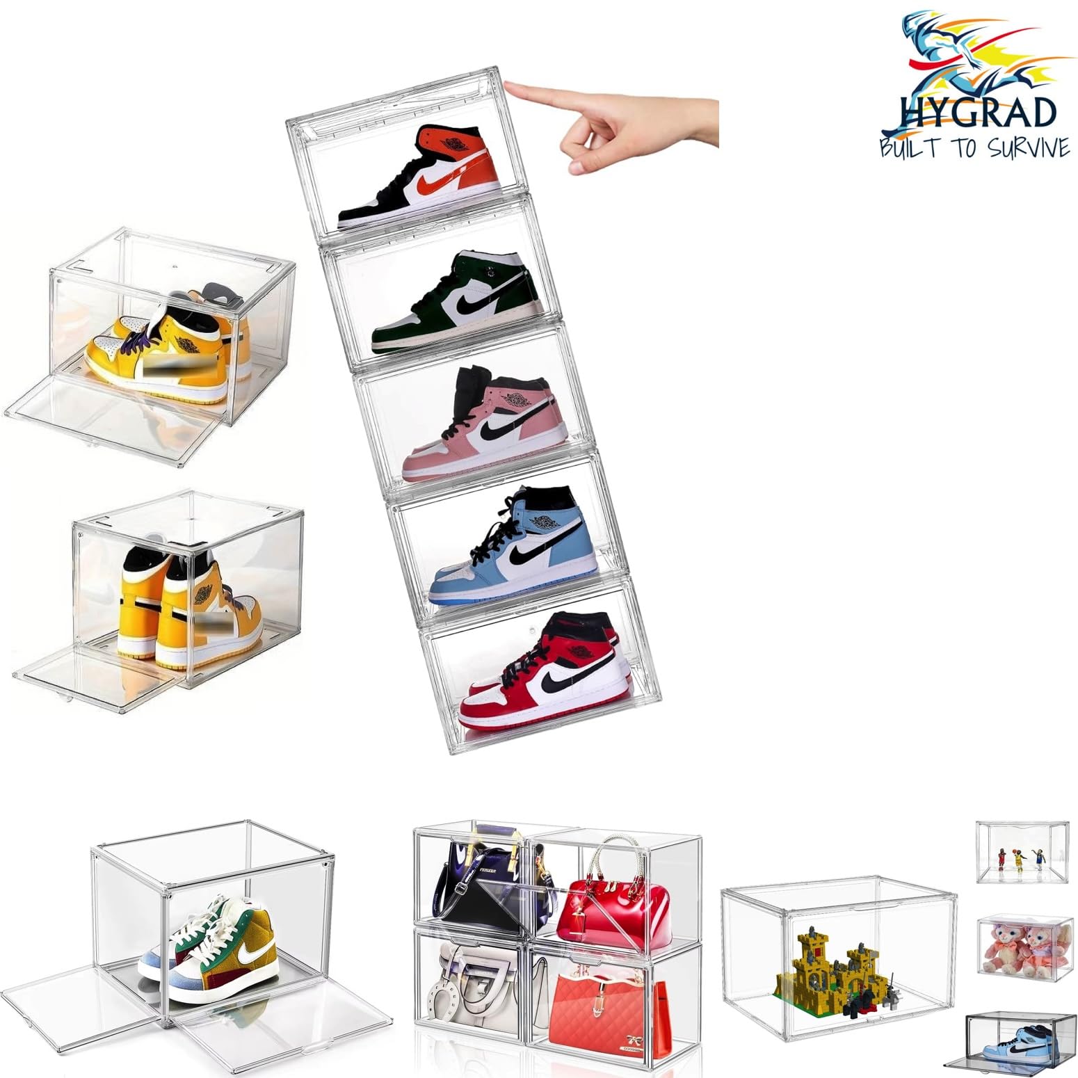 𝗛𝗬𝗚𝗥𝗔𝗗® Acrylic Shoe Storage Boxes – Stackable Shoe Cabinet For Closet, Space Saving Shoe Organizer With Magnetic Doors 2 Lids Open For Sneakers, Trainers, Pumps, Heels, Flats