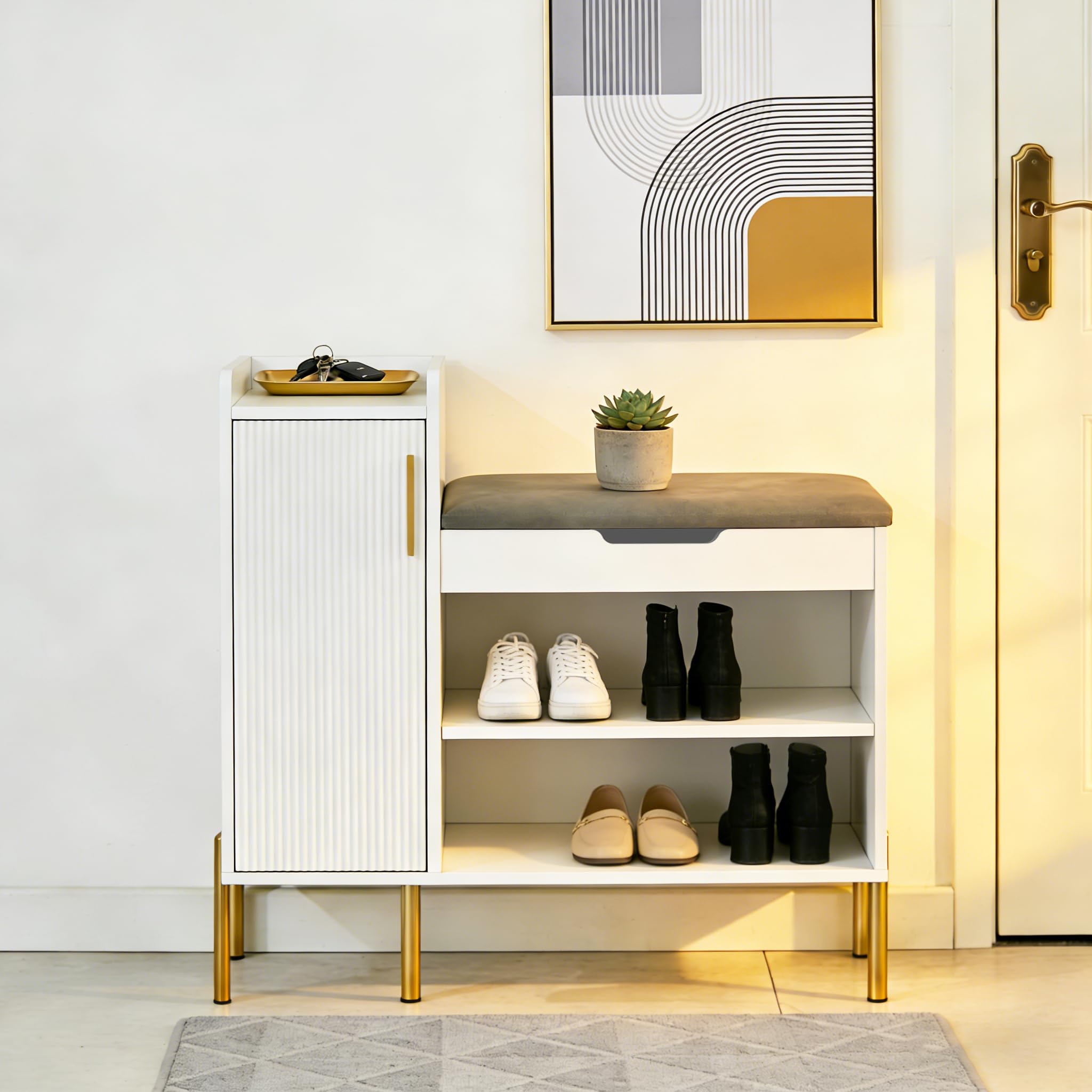 HYGRAD BUILT TO SURVIVE Shoe Storage Bench, Shoe Cabinet Rack Stool with Seat Cushion, 2 Shelves and Door, Solid Metal Legs Hallway Bench Shoe Stand Organizer Unit for Entryway Bedroom