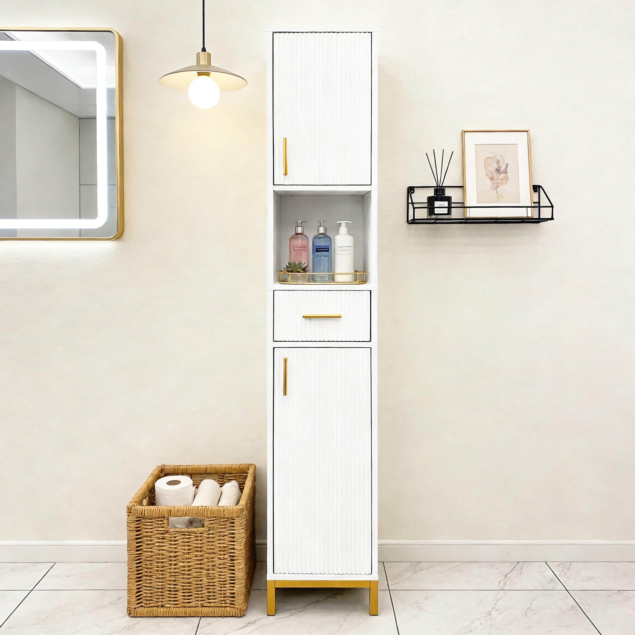 Slim Bathroom Tall Cabinet, Narrow Bathroom Storage Tower Cupboard Unit with Door and Drawers, Tall Bathroom Storage Cupboard Water-Resistant MDF, White 30 * 30 * 170cm