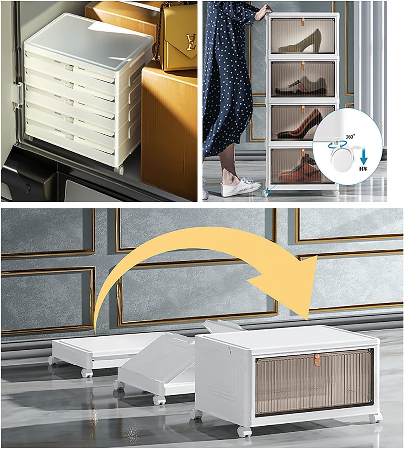 Foldable White Plastic Shoe Box 2/3/4/5/6 Tier Stackable Storage Cabinet - Rolling Wardrobe Storage Organizer Containers With Lid & Lockable Wheels