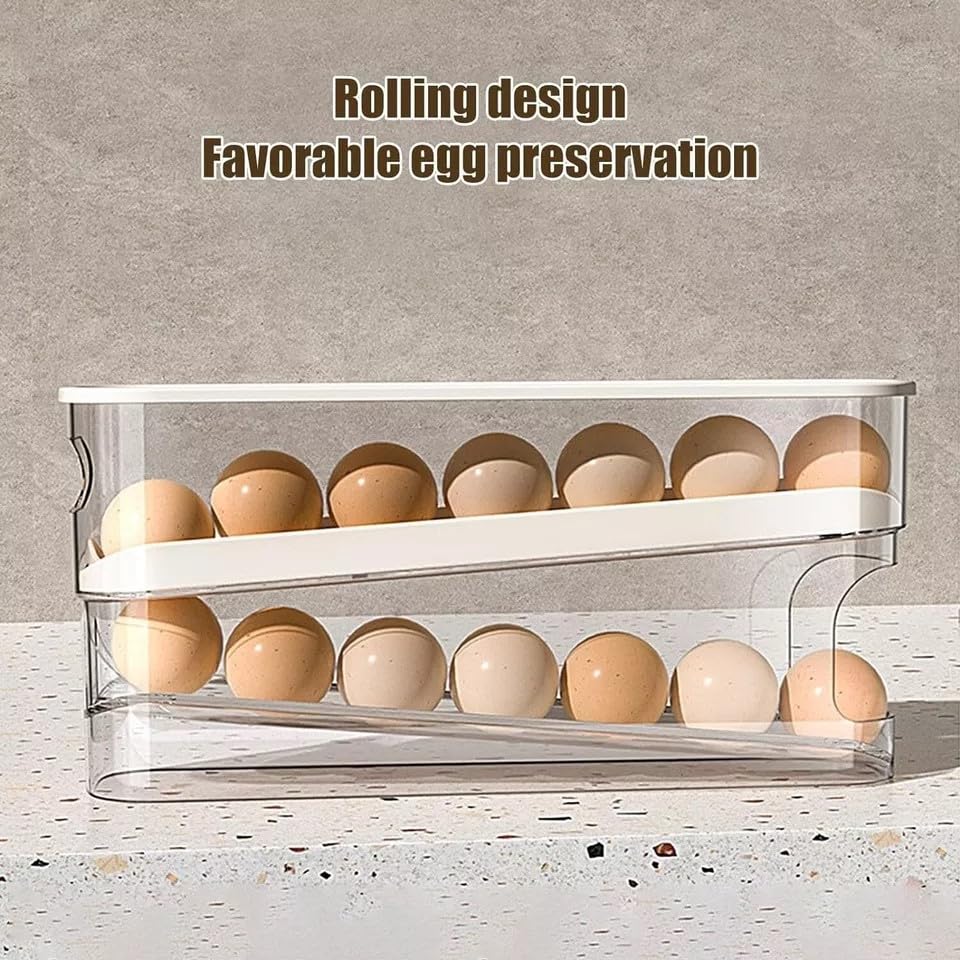 Auto Rolling 2 Tier Eggs Holder Fridge Organisers 30.3 X 8.5 X 14.2 Cm Egg Dispenser Kitchen Roll Down Stackable With Lid Trays Egg Storage Box For Fridge & Kitchen Countertop