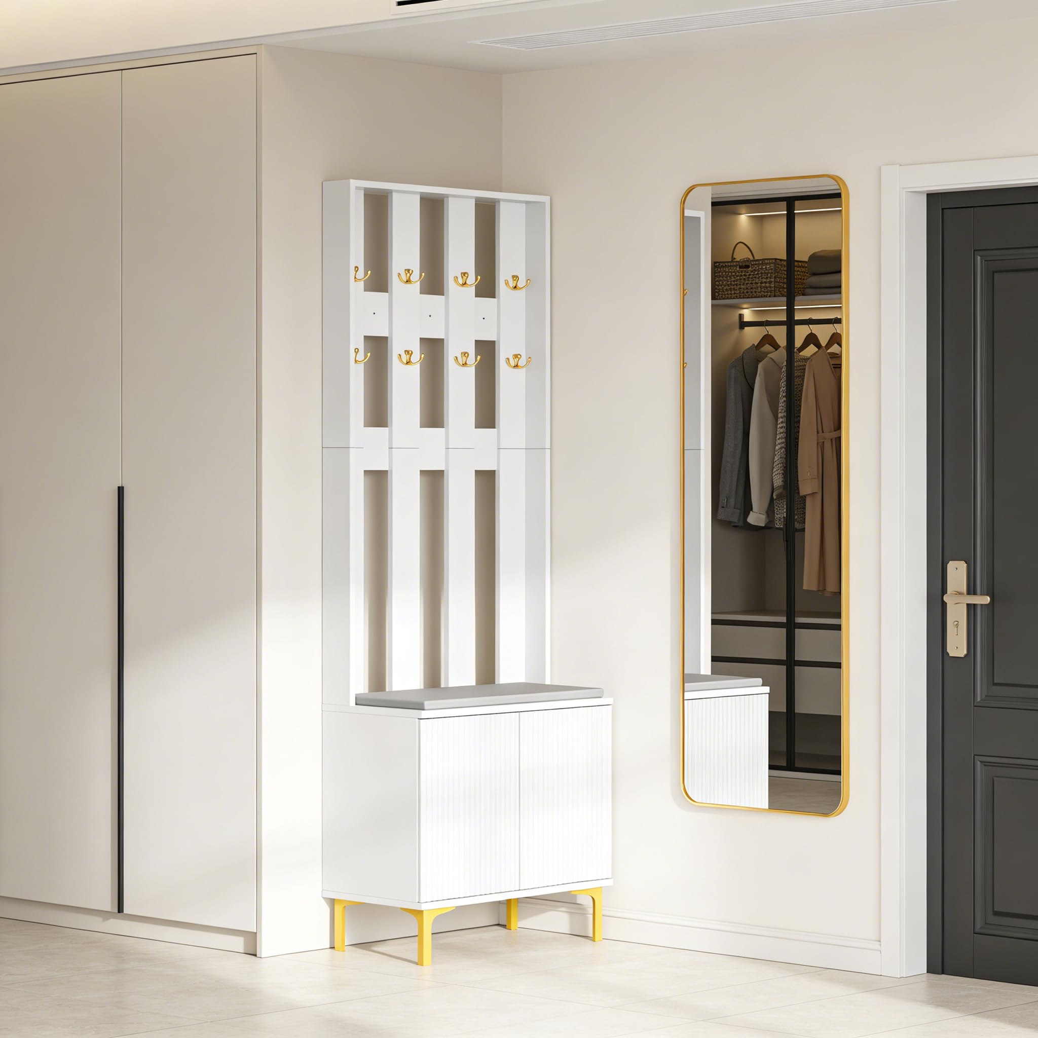 HYGRAD BUILT TO SURVIVE Coat Stand with Shoe Storage - Hallway Unit with 8 Hooks & Storage Bench - Hall Tree Organiser for Entryway with Bench and Cushion Seat - Freestanding Coat Rack (White)