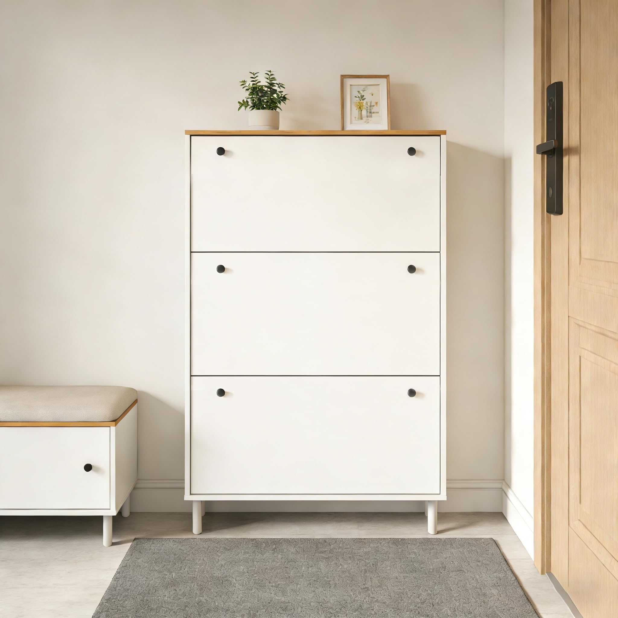 HYGRAD BUILT TO SURVIVE Shoe Storage Cabinet Flip Doors Type Entryway Shoe Rack Storage Organizer Footwear Organiser Space-saving w/ 3 Drawers (Black Knob)