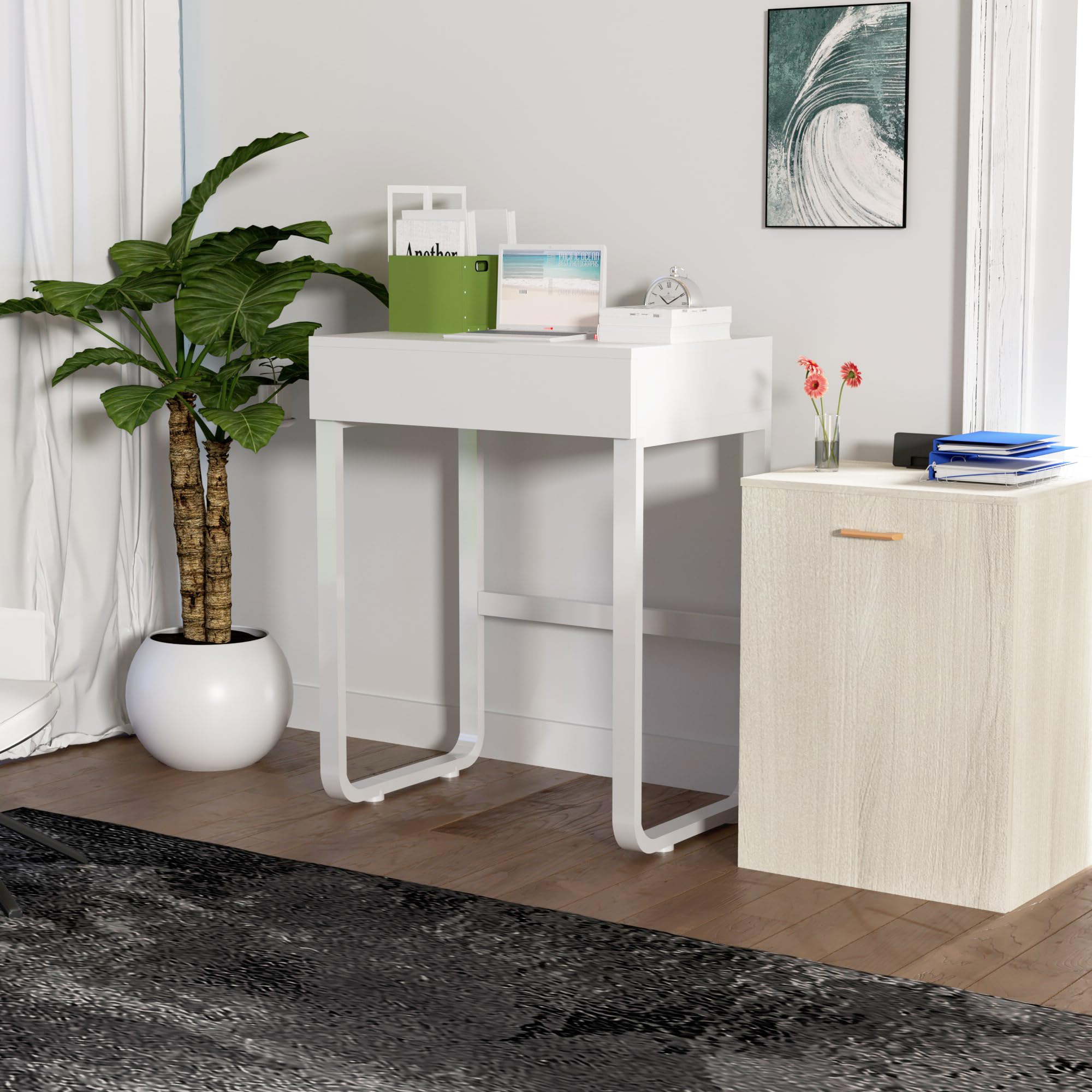 Wooden Kids Desk with Drawers, Mini Children Study Writing Table, Tabletop Bookshelf, Vanity Table, White Computer Desk Student Workstation Children Teenagers Desk with Hooks (White)