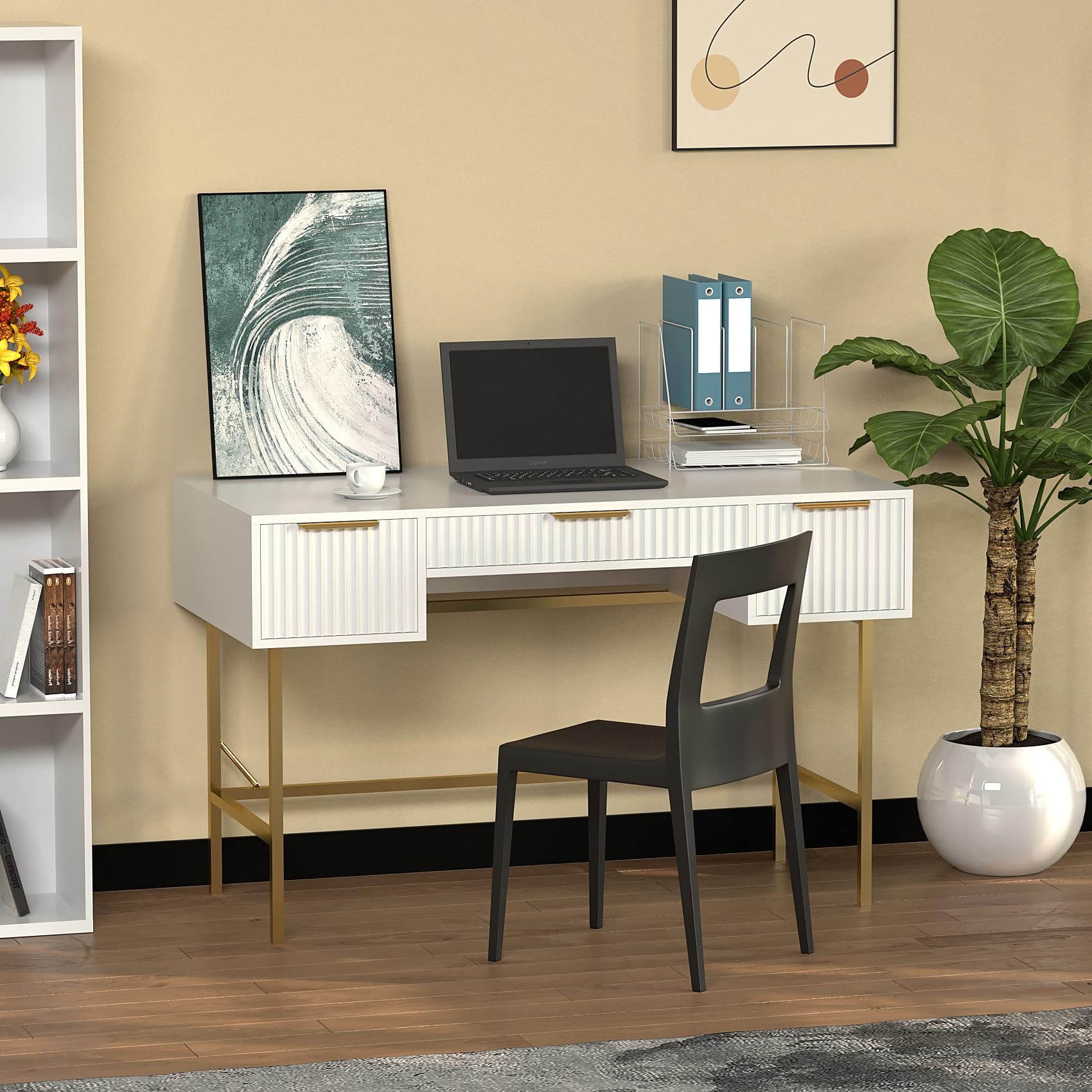 HYGRAD® Modern White Vanity Desk – Multi-Purpose Dressing Table with Drawer & Storage Shelf, Compact Computer or Makeup Table for Bedroom, Office, or Study