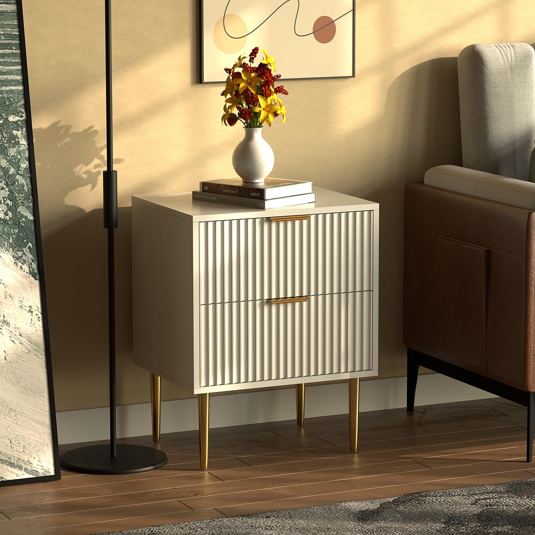 HYGRAD® Luxury Bedside Table White With 2 Drawers Bedroom Nightstand Side Table Chest Gold Handles & Gold Legs Solid Wood Bedroom Storage Side Table