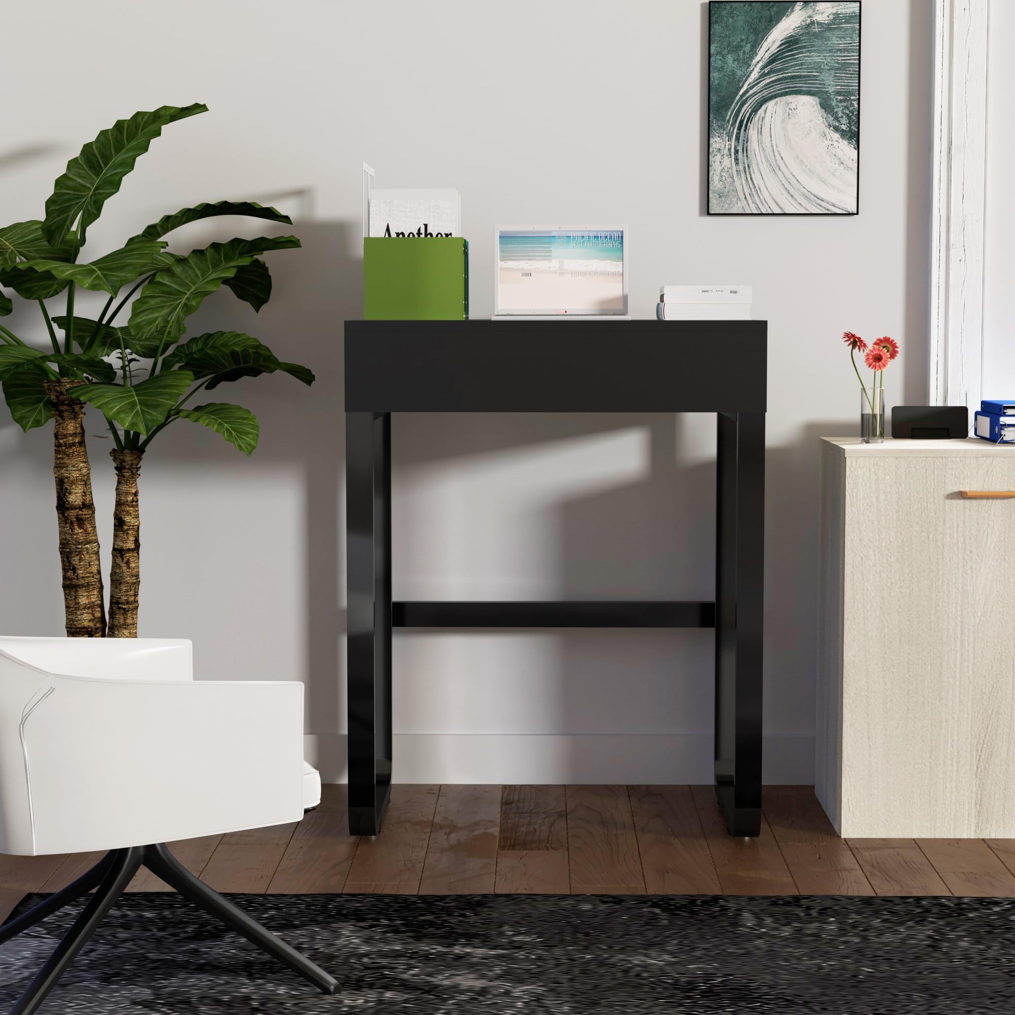 Wooden Kids Desk with Drawers, Mini Children Study Writing Table, Tabletop Bookshelf, Vanity Table, White Computer Desk Student Workstation Children Teenagers Desk with Hooks (Black)