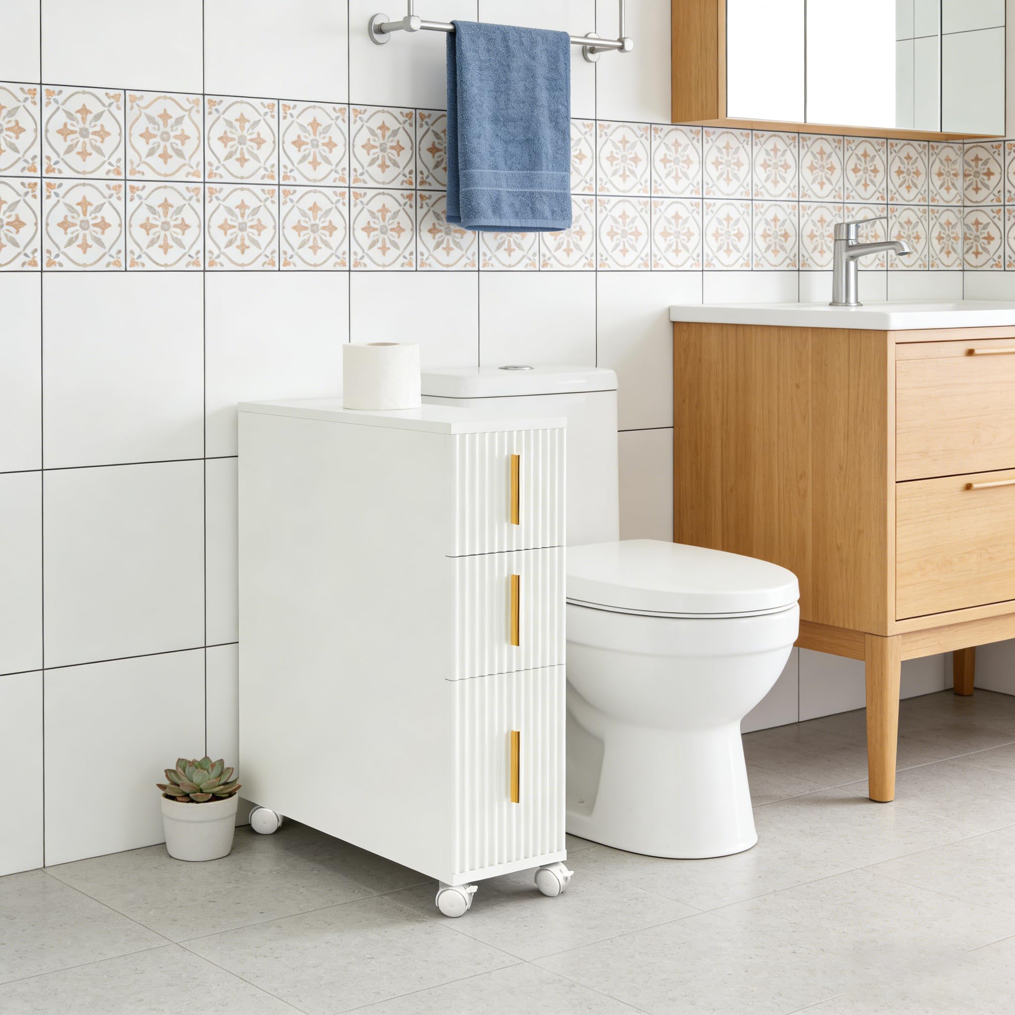 Slim Storage Cabinet, Bathroom Floor Storage Cabinet Narrow Towel Cabinet Organizer with 3 Drawers & Wheels, Freestanding Bathroom Storage Organizer Toilet Paper Holder and Storage