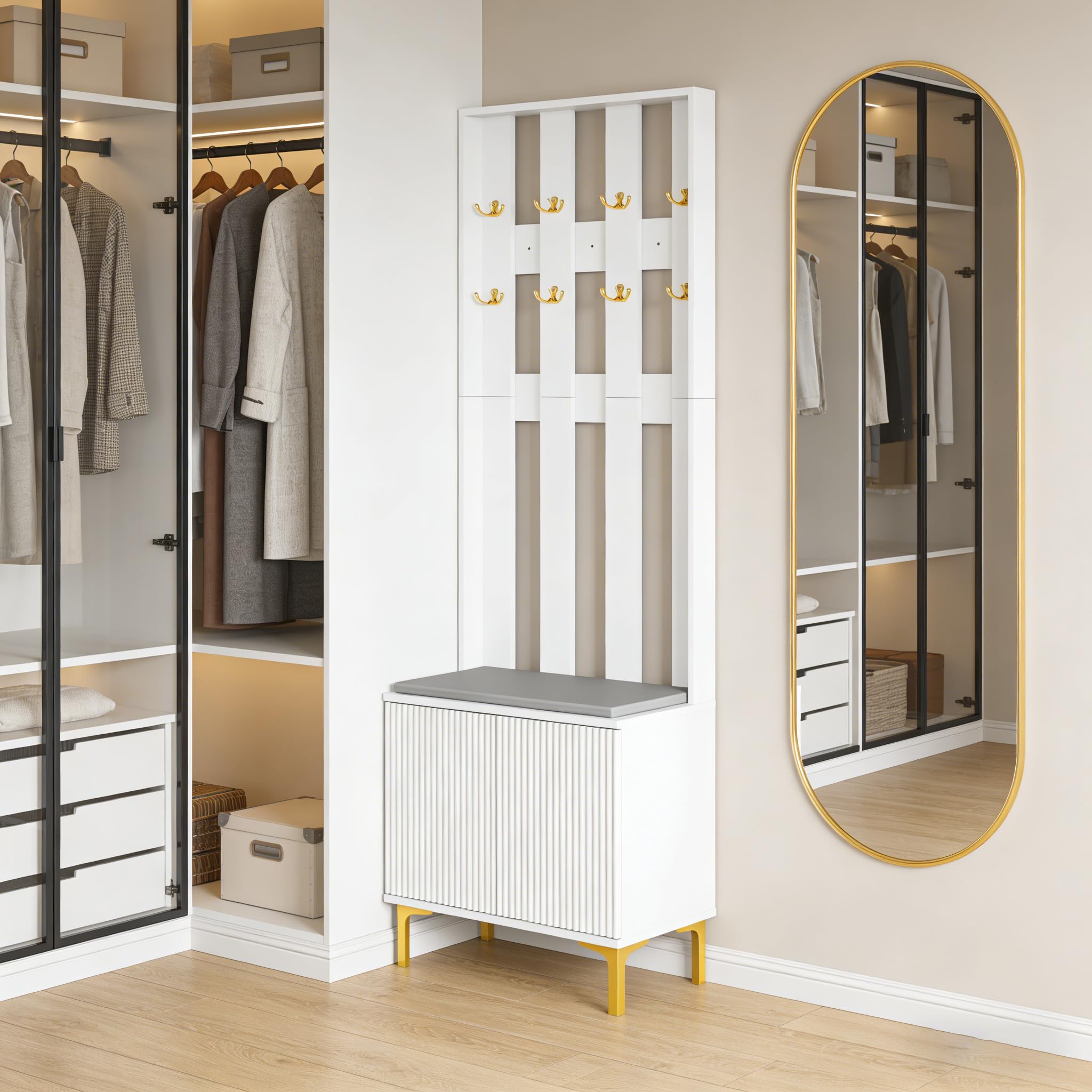 HYGRAD BUILT TO SURVIVE Coat Stand with Shoe Storage - Hallway Unit with 8 Hooks & Storage Bench - Hall Tree Organiser for Entryway with Bench and Cushion Seat - Freestanding Coat Rack (White)